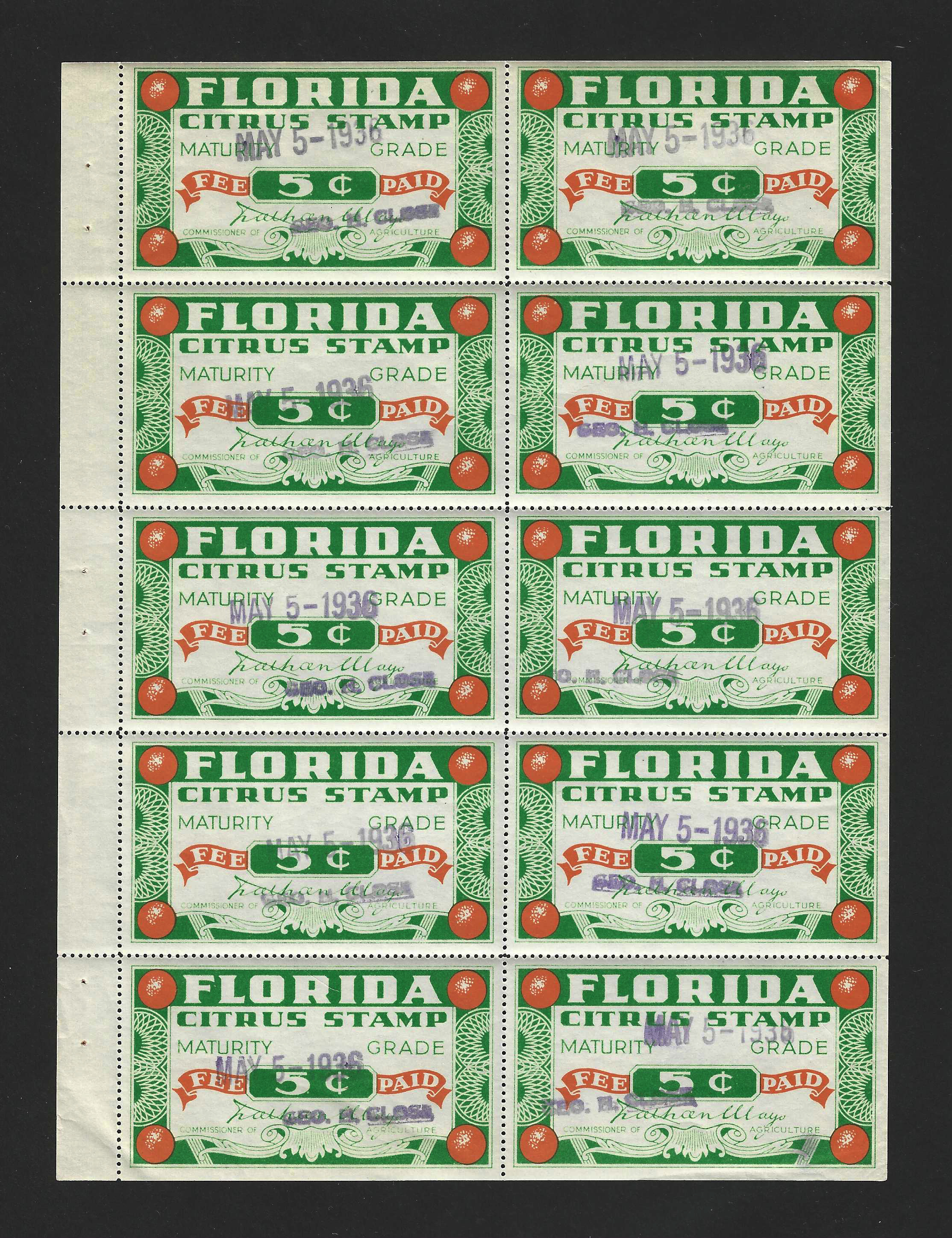 FL citrus fruit CF 27 5¢ U VF, in pane/10