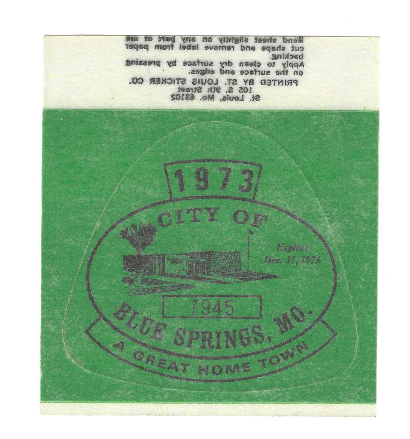 MO City of Blue Springs 1973-75 automobile windshield license MNH VF