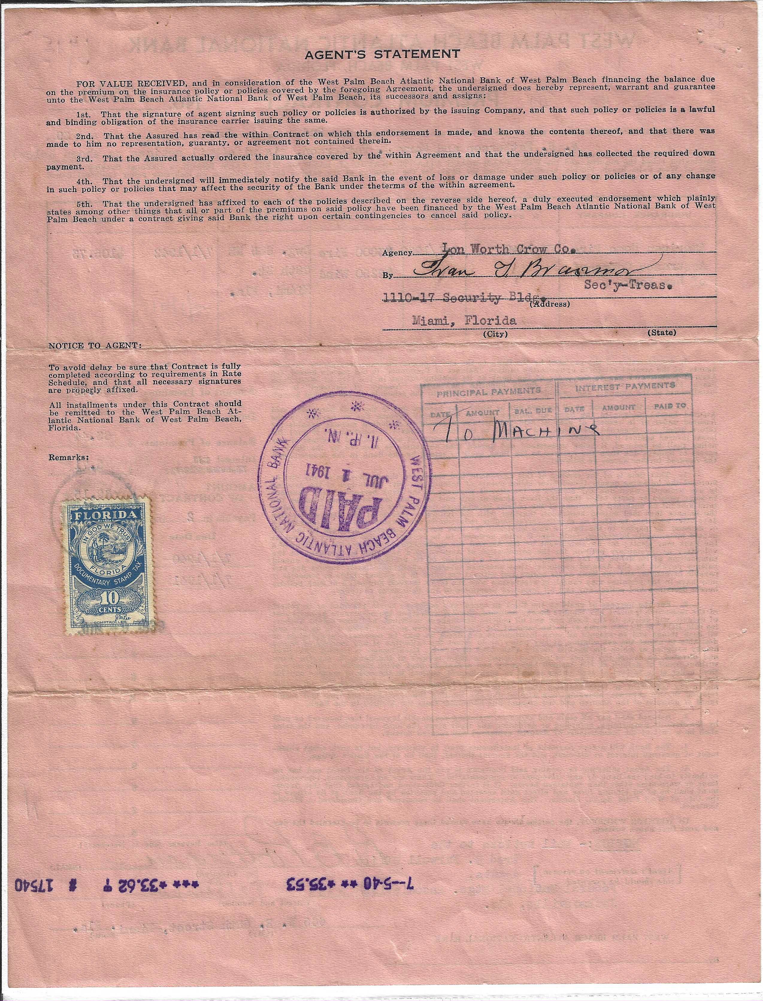 FL documentary D12 10¢ U VF, on 1941 premium contract