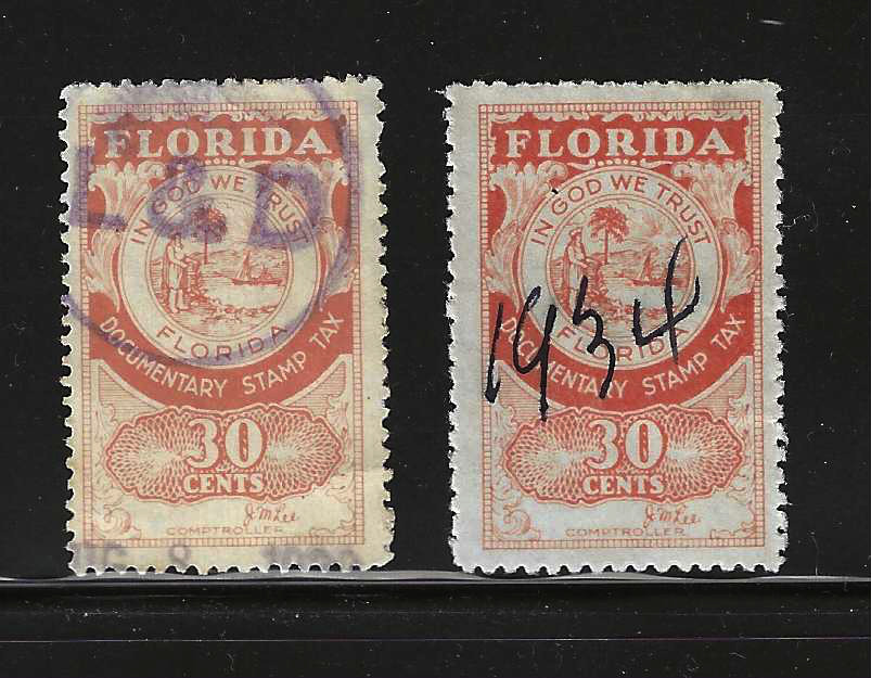 FL documentary D13 30¢ U VF, two stamps of slightly diff. shade