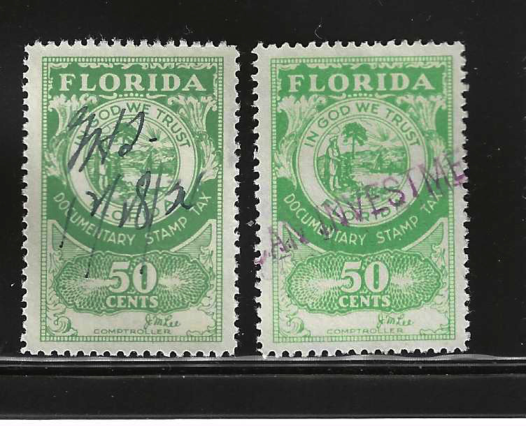 FL documentary D14 50¢ U VF, two stamps of slightly diff. shade