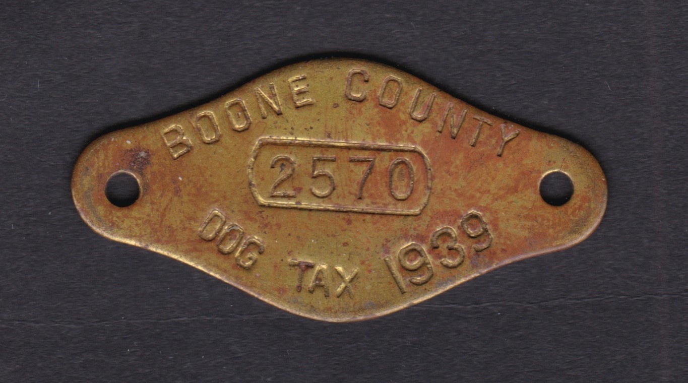 MO dog tax 1939 metal tag for collar, Boone county P