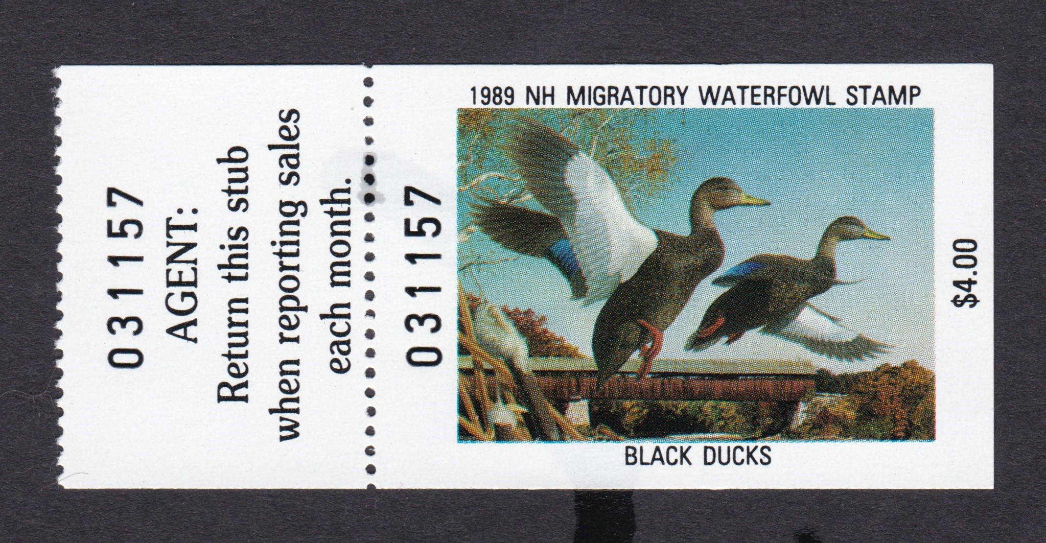 NH waterfowl WH7 $4 MDG VF 1989 hunters w/ agent tab P