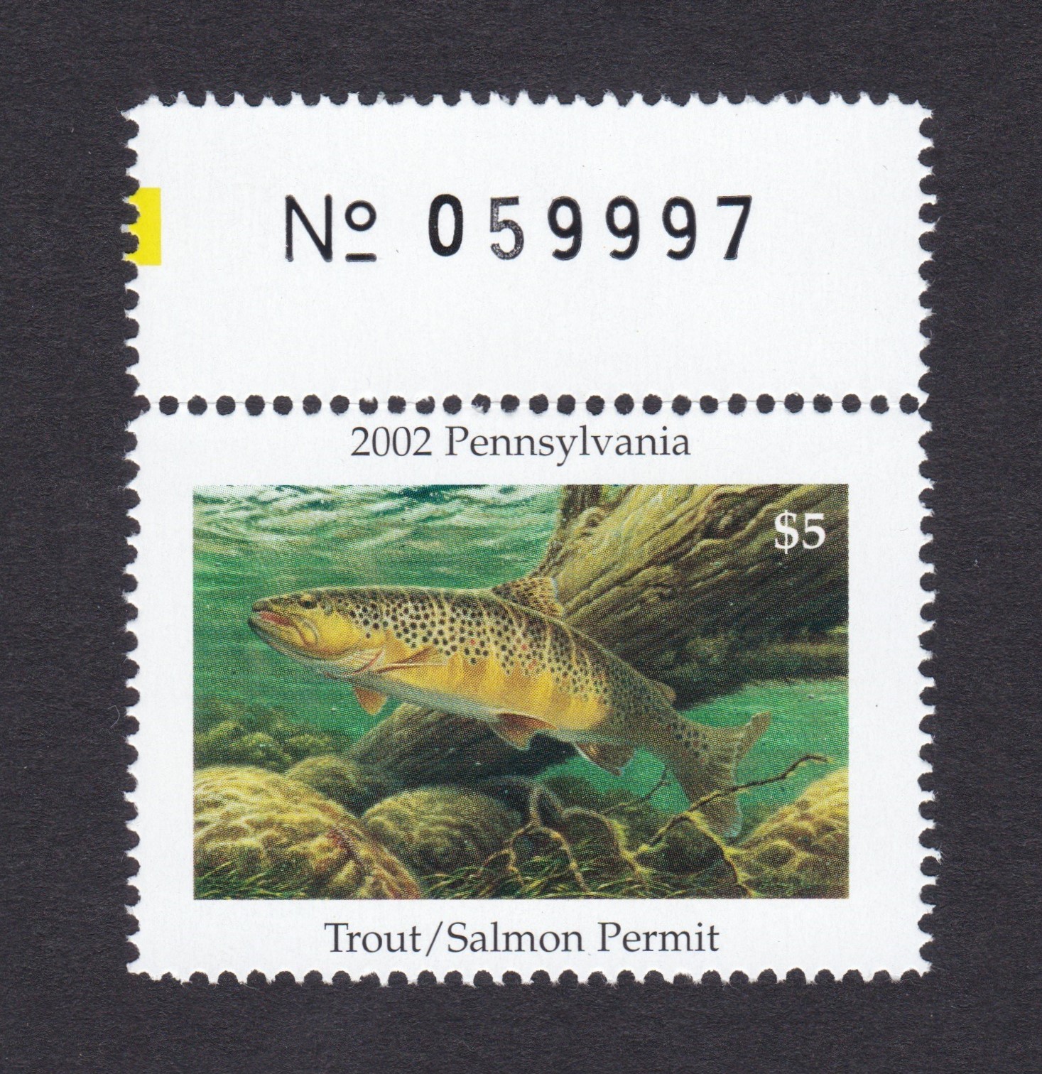 PA trout & salmon  T&S12 $5  MNH VF, 2002, w/ sheet no at top P