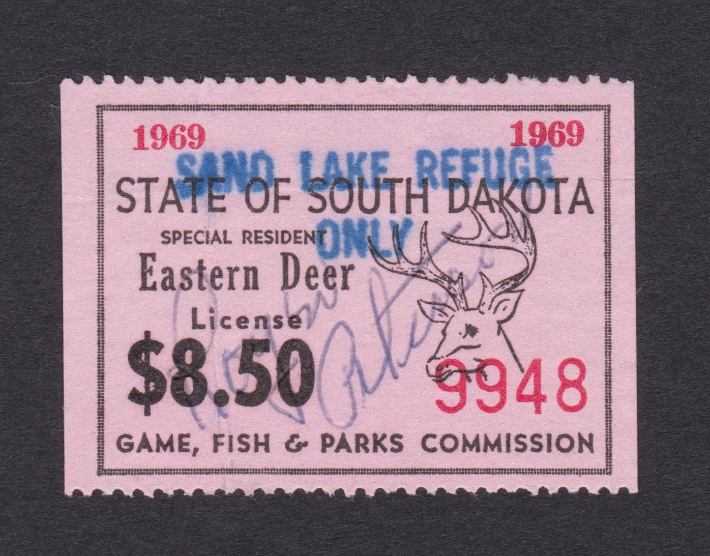 SD deer sand lake DSL1 $8.50 U F-VF, 1969, crease P