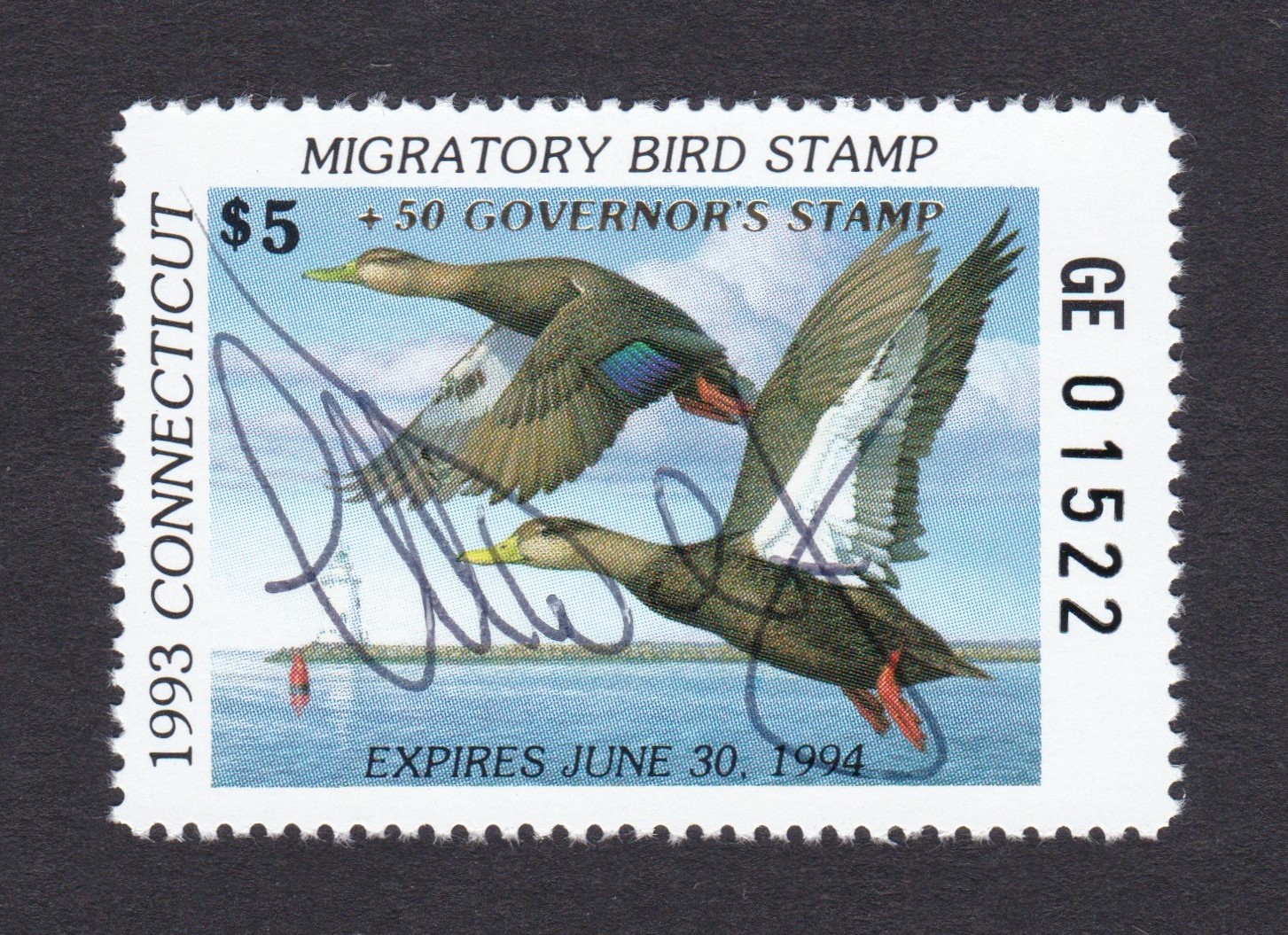 CT waterfowl W1GS $5+$50 NH VF, 1993 Governor's Edition, hand signed by Lowell Weicker (deceased) P