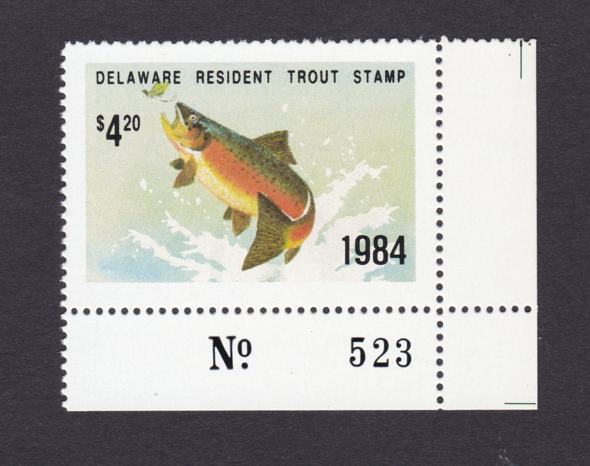 DE trout T30 $4.20 MNH VF, 1984 w/ plate no LL corner P