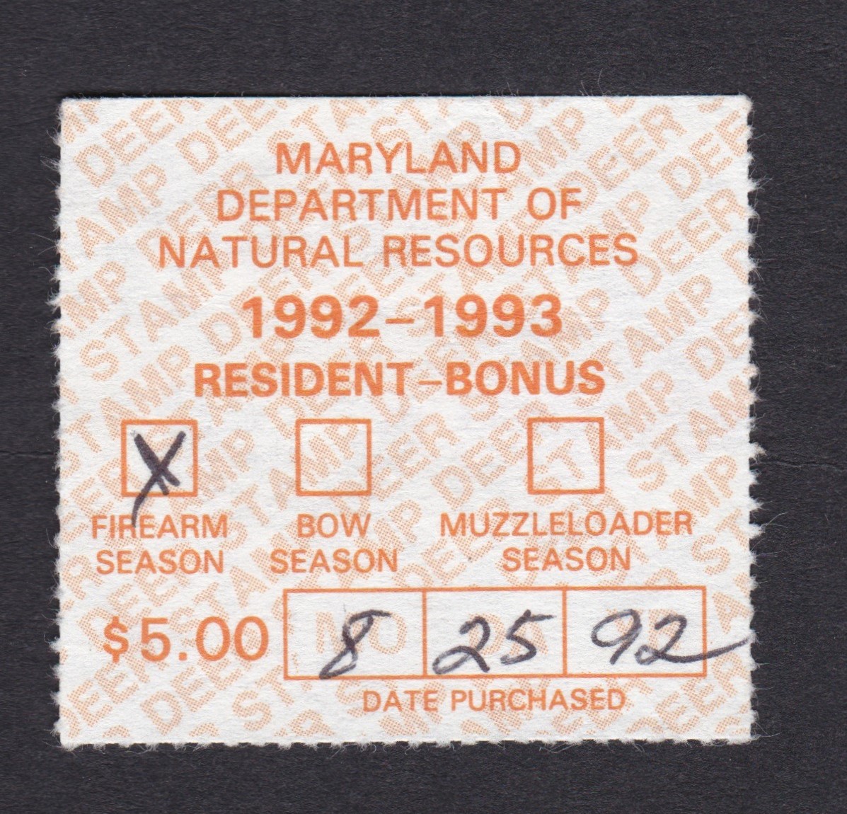 MD deer bonus 2D5 $5 U F-VF, 1992 P