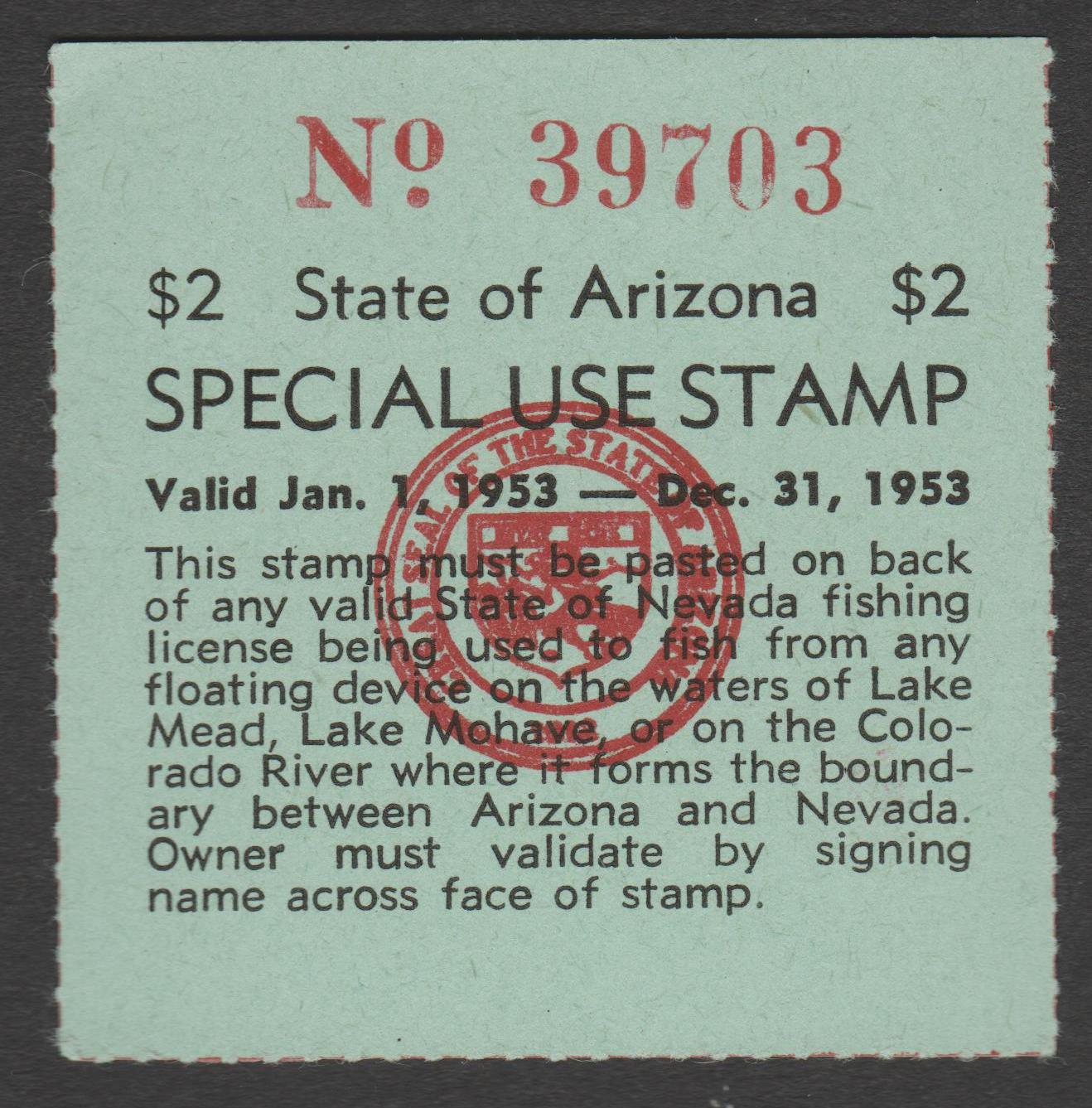 AZ-NV fishing #3 $2 MLH VF 1953 special use stamp, Colorado river P