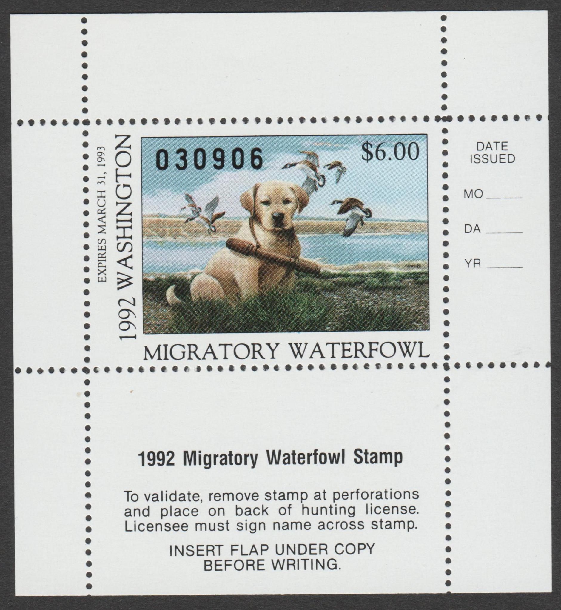 WA waterfowl #7H $6 MNH VF 1992, hunters pane of 1 P