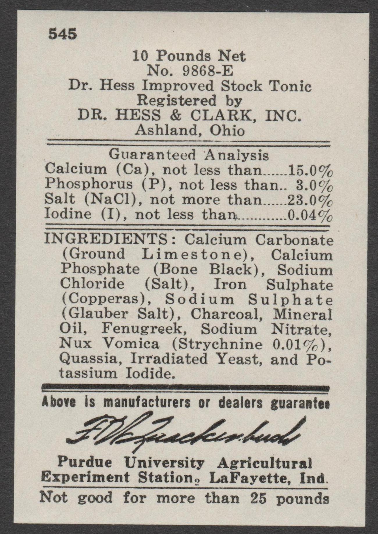 IN feed FE25 10 lbs. MLH VF, Dr. Hoss Improved Stock Tonic P