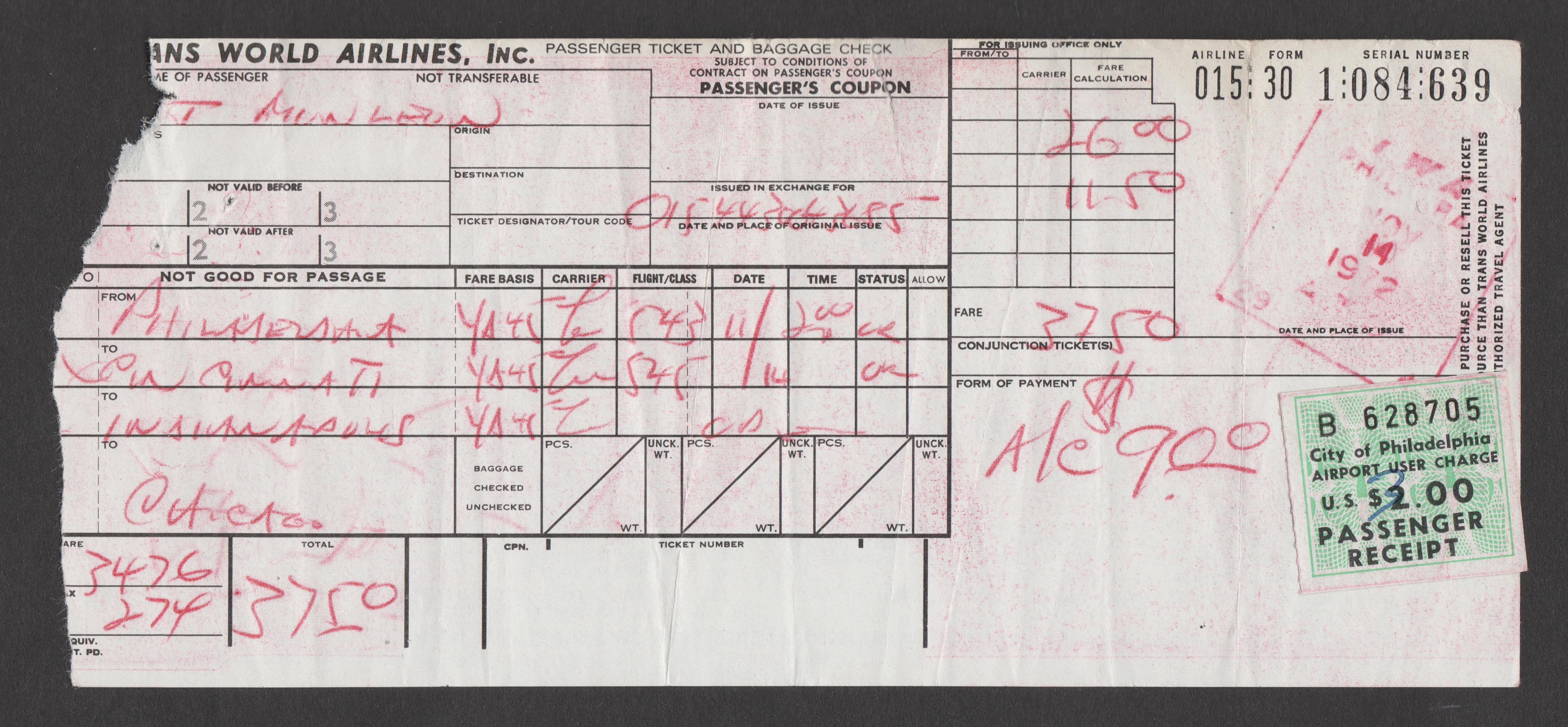 PA Philadelphia airport user tax $2 U VF on 1972 TWA air plane ticket