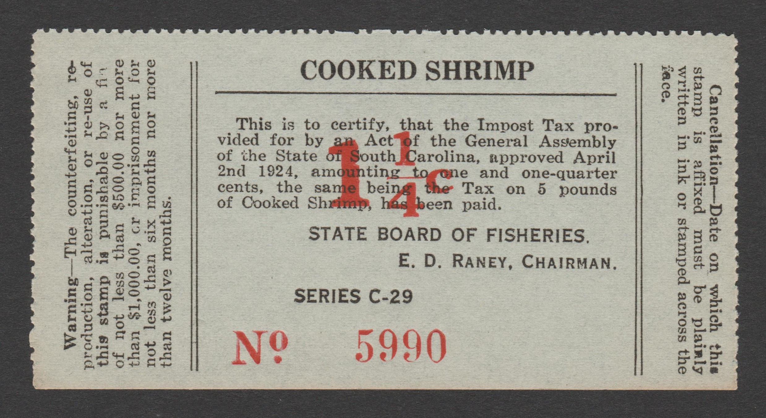 SC shrimp SH7 1-1/4c Unused VF P