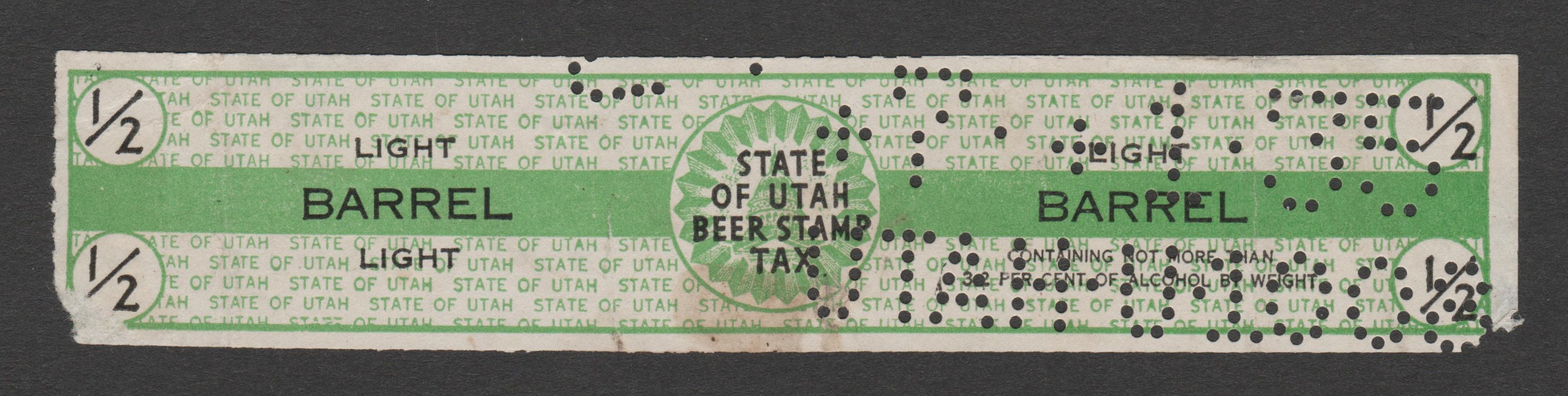 UT beer B12 1/2 bbl. U F-VF thins in lower corners, perfin, Rare used! P