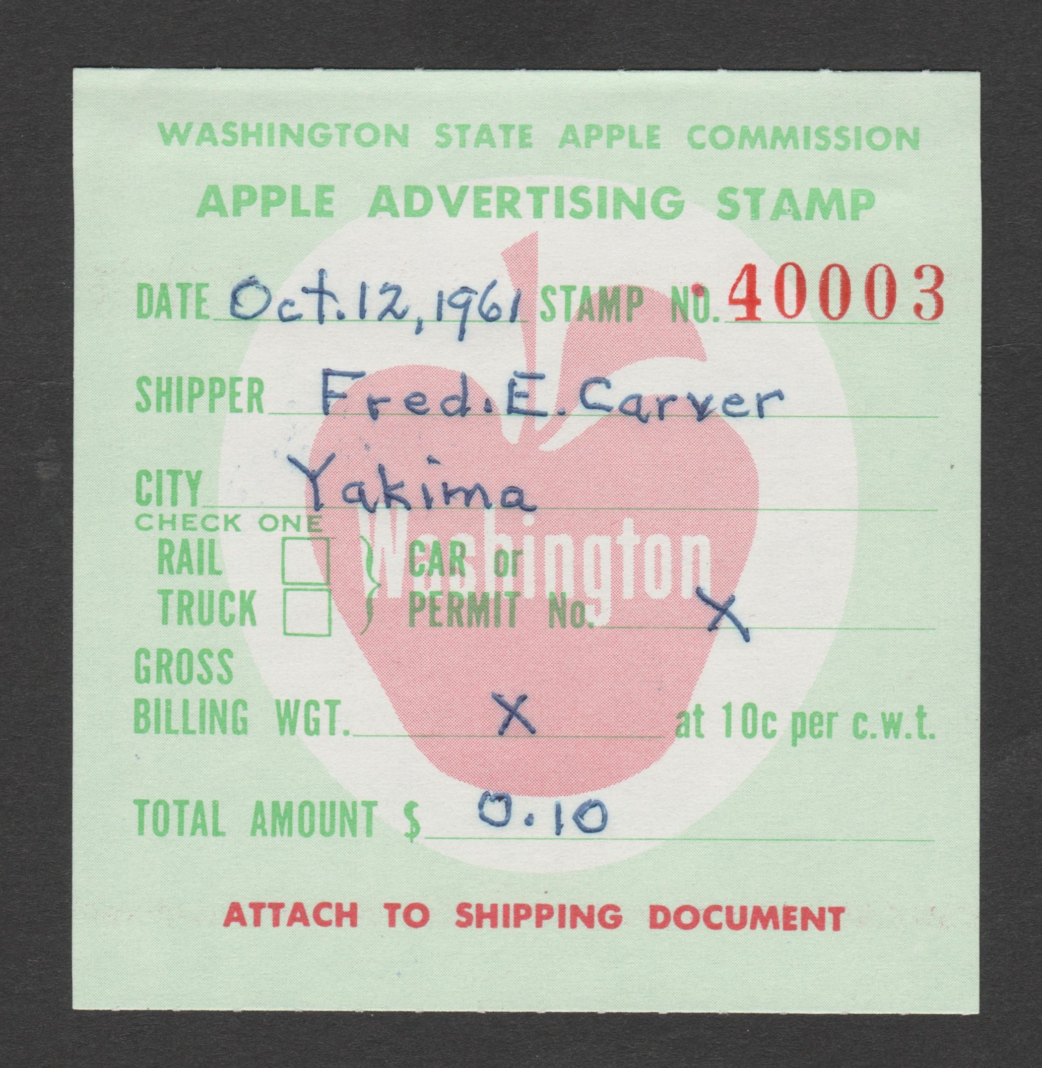 WA apple AP114 $0.10 U VF Shipper Fred E. Carver P