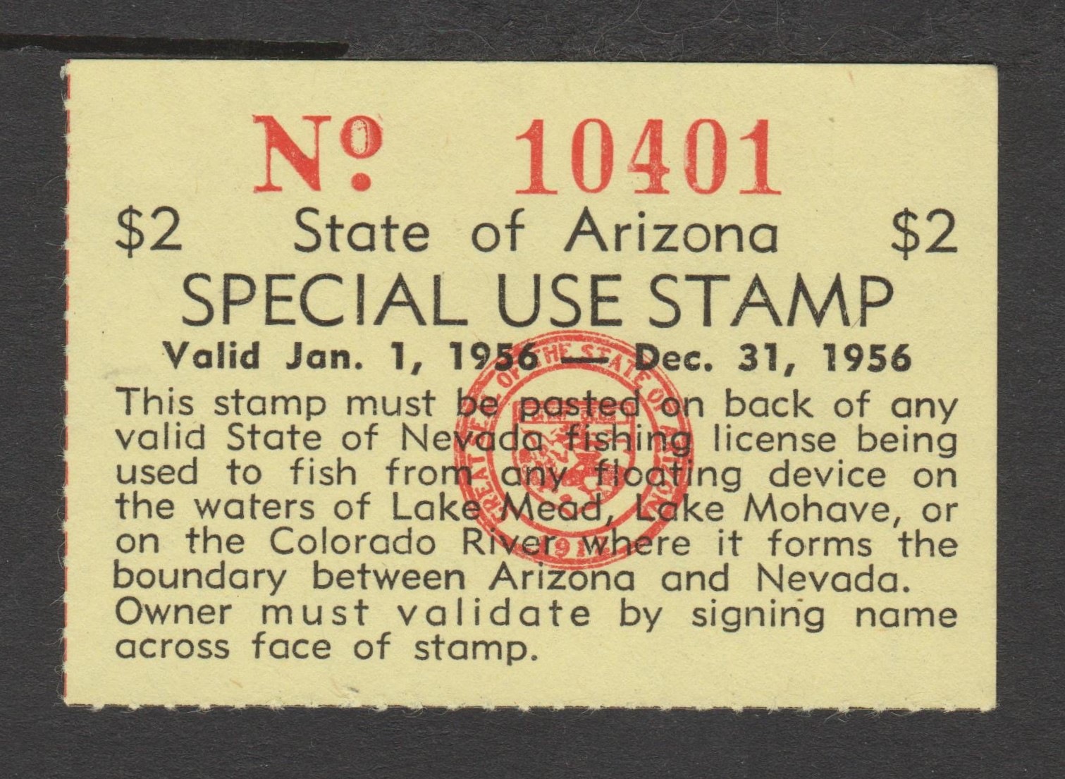 AZ-NV fishing #6 $2 MNH VF 1956 special use stamp, Colorado river P