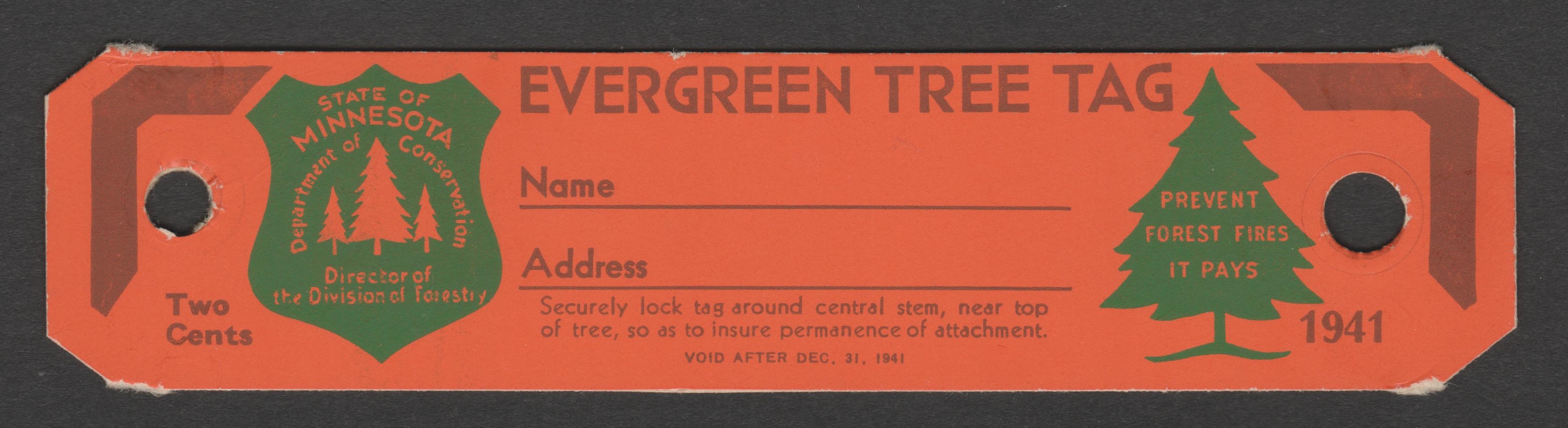 MN evergreen tree tag CT10 2c unused VF, 1941 P