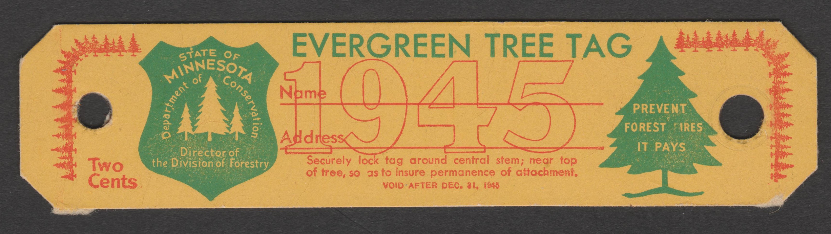 MN evergreen tree tag CT21 2c unused VF, 1945 P