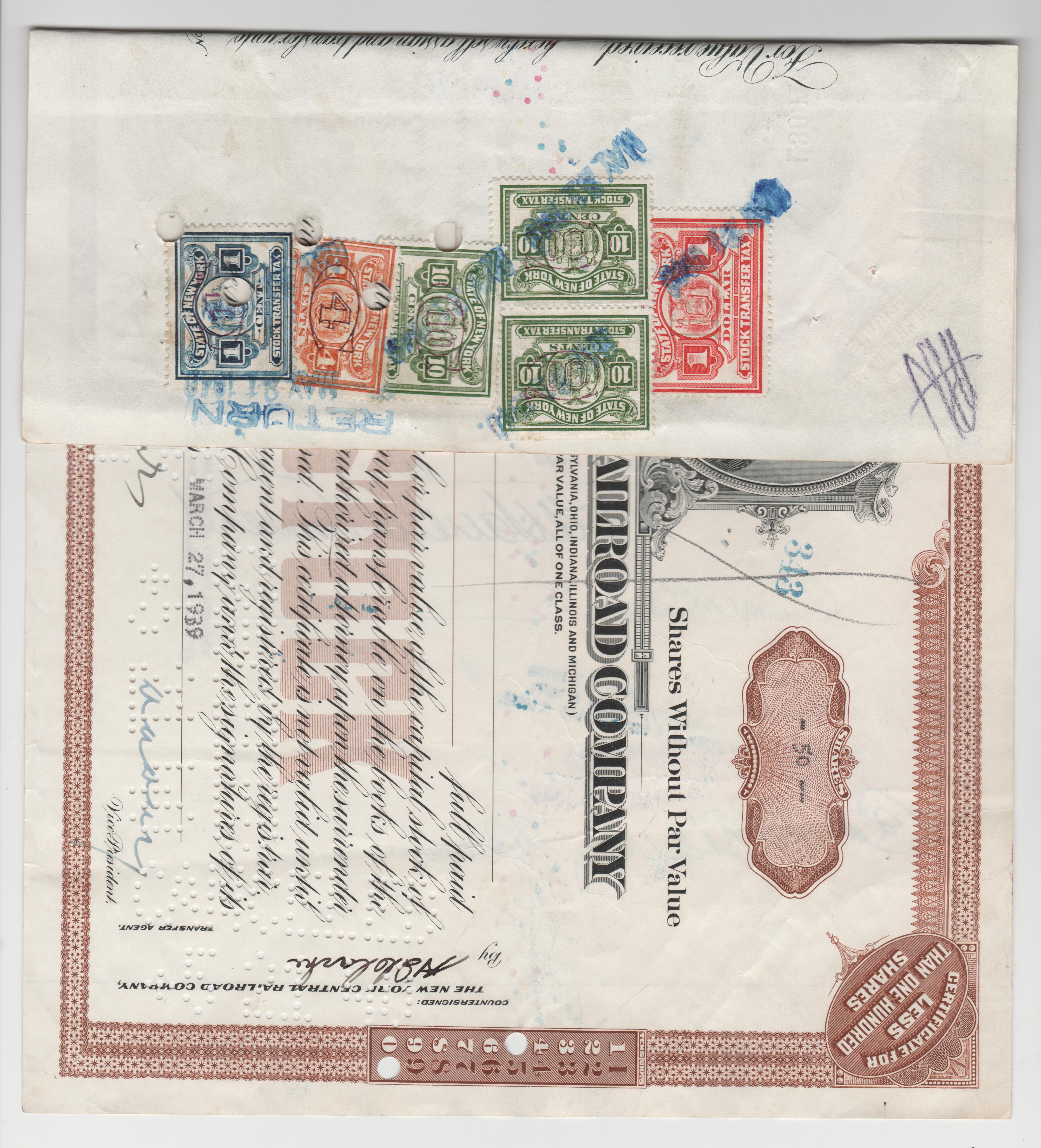 NY stock transfer $1.35 in stamps canceled May 21 1940 attached to NYC RR stock certificate, some punched. WP