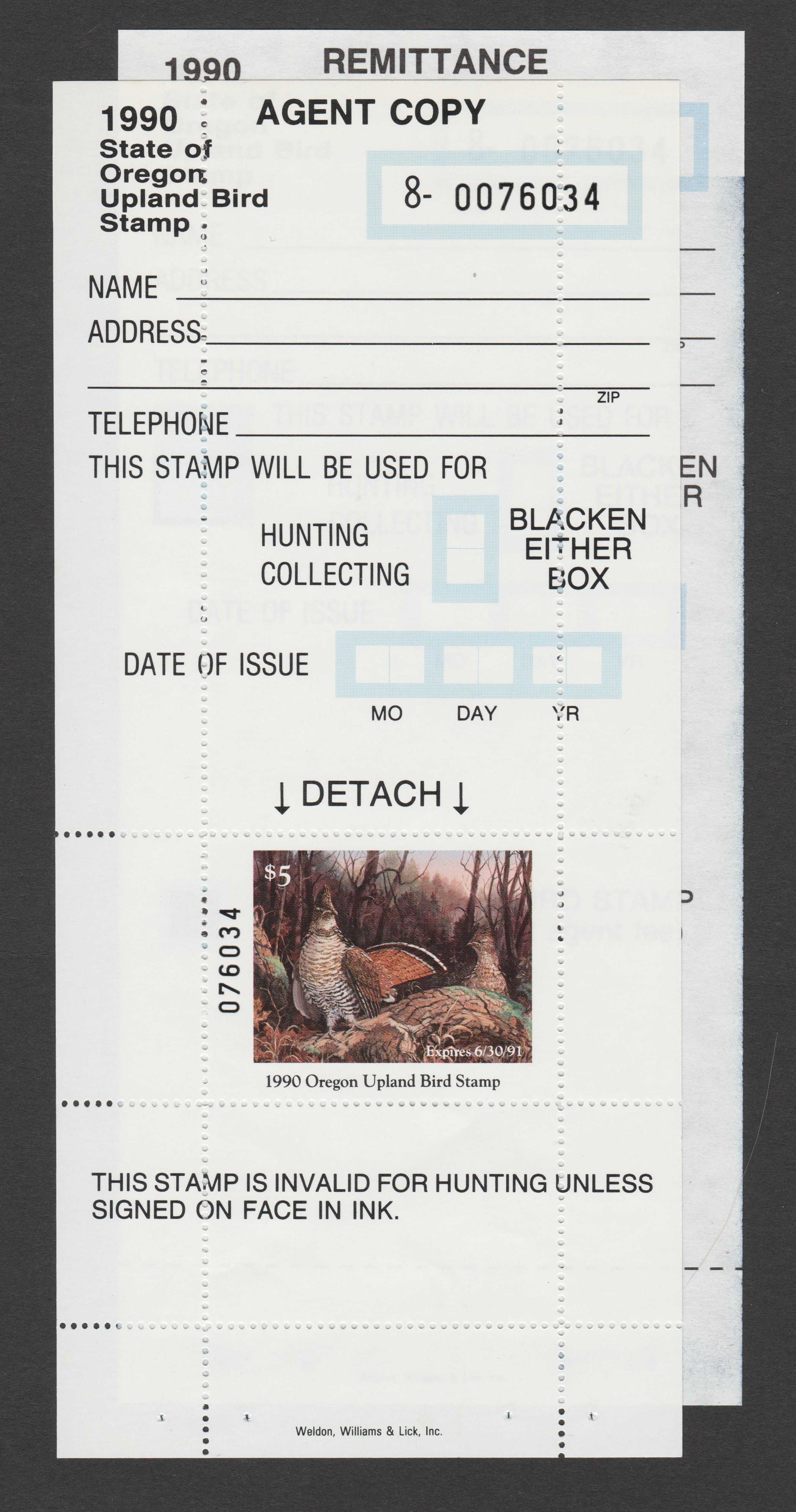 OR upland game bird UBH1 $5 MNH XF 1990 hunters w/vendor agent copies WP