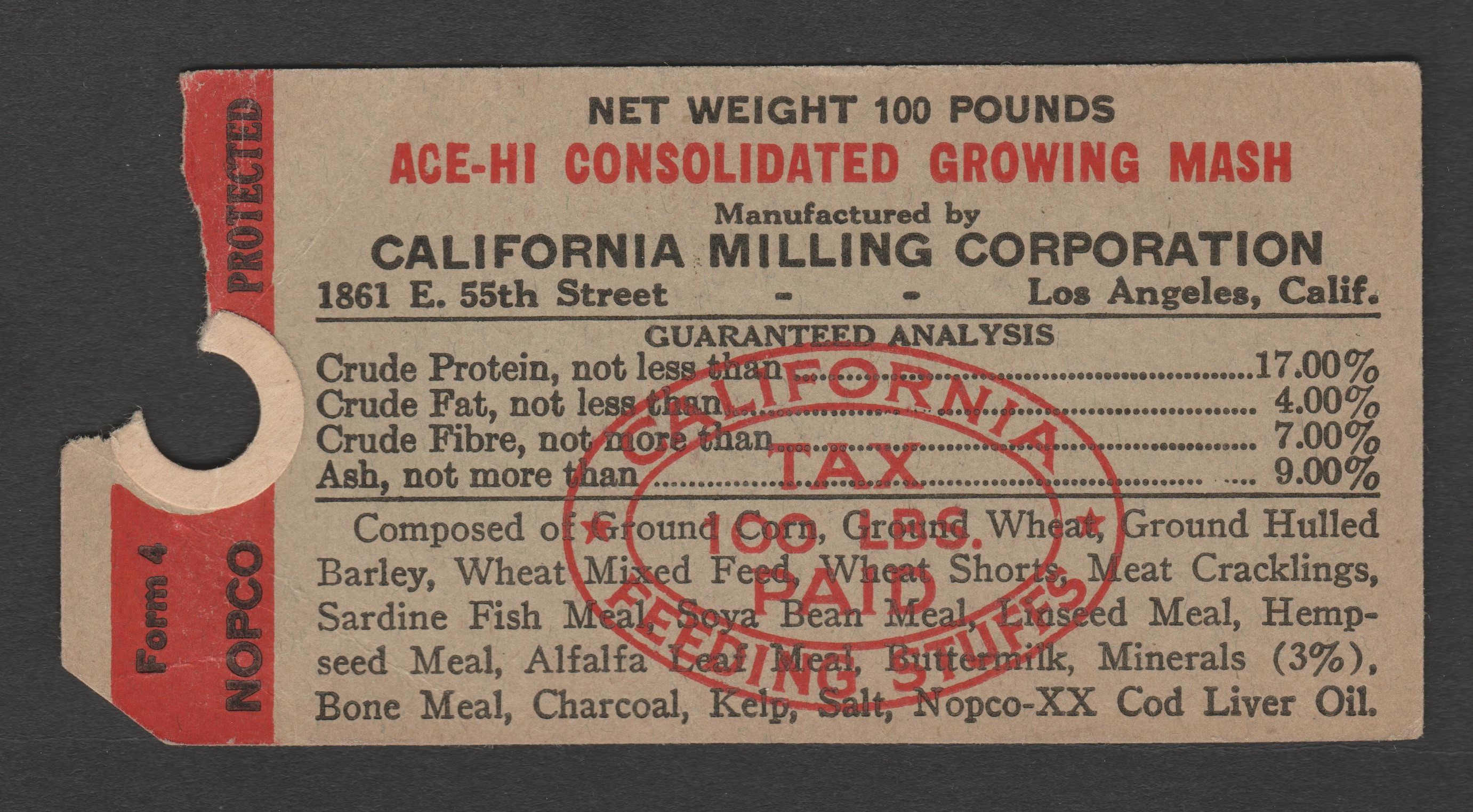 CA feed tag FET51 100 lbs. U VF, torn eyelet, California Milling Growing mash P