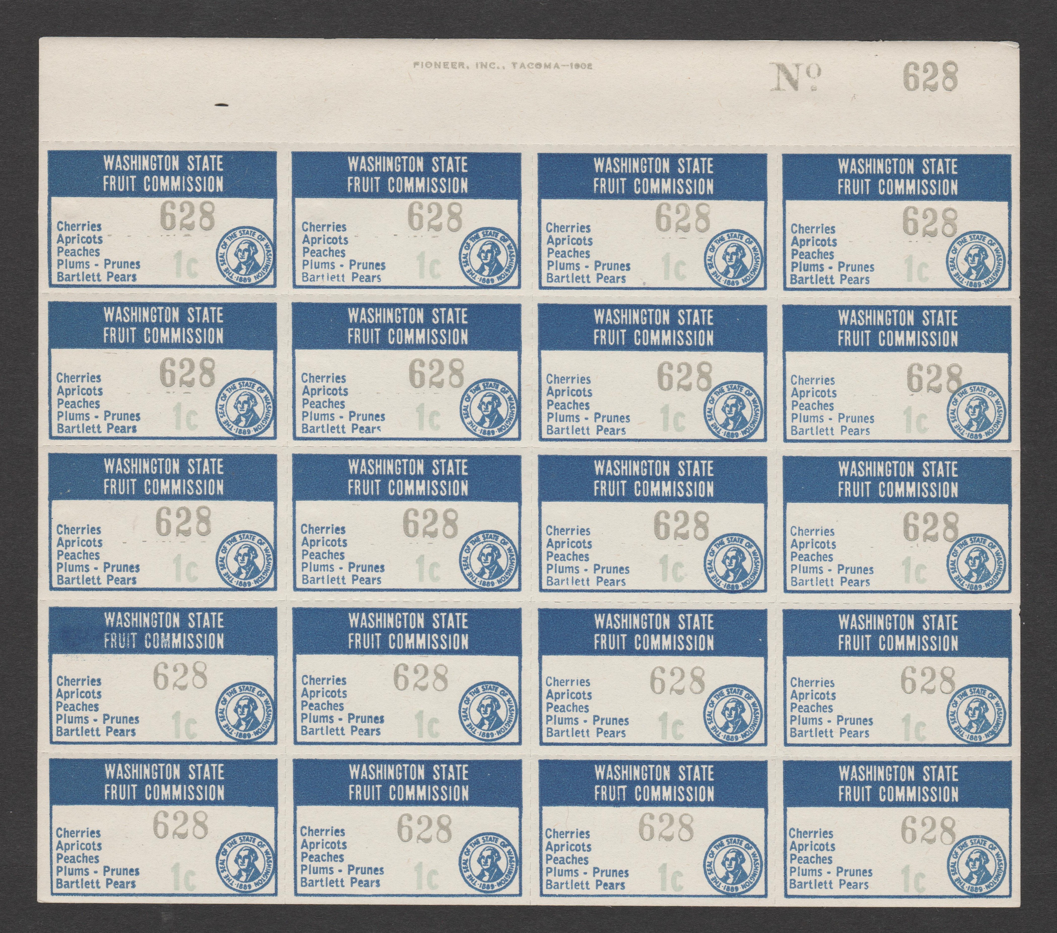 WA fruit FR15 1c MNH VF full pane of 20 w/position & top selvage & position 19 variety WP