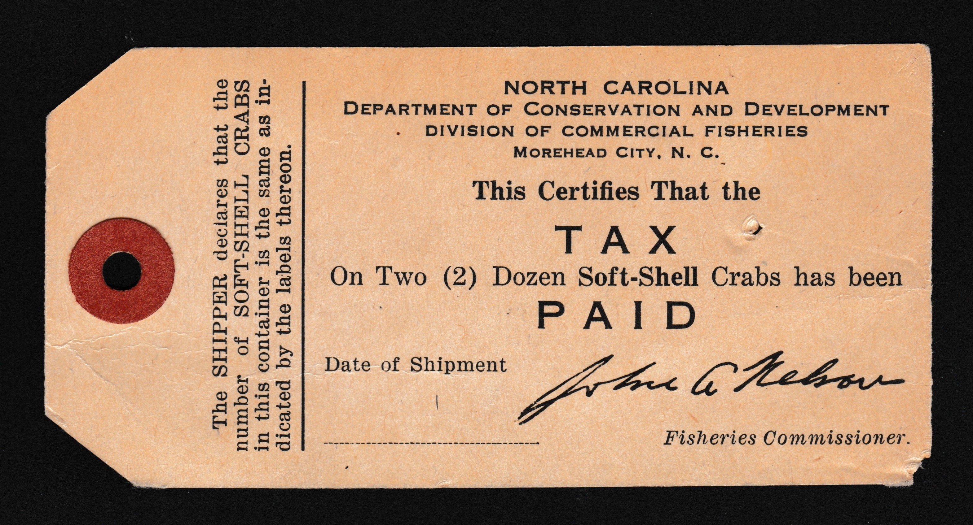 NC crab tag 2 doz. Unused VF UNLISTED, sm hole, rounded corner P