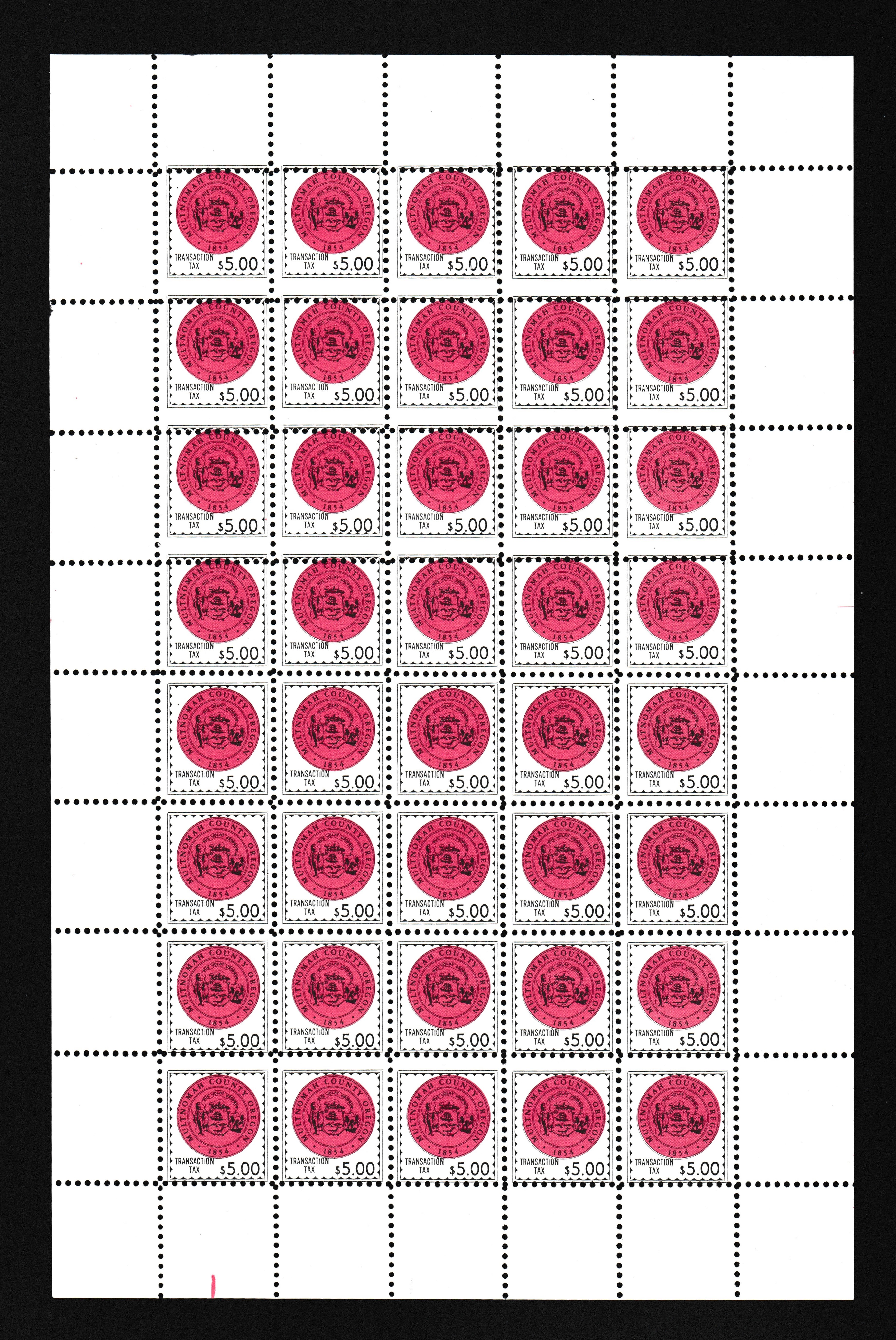 OR local Multnomah County transaction tax 5c - $5 Group of 6 full panes of the small version stamps MNH F-VF, 240 stamps WP