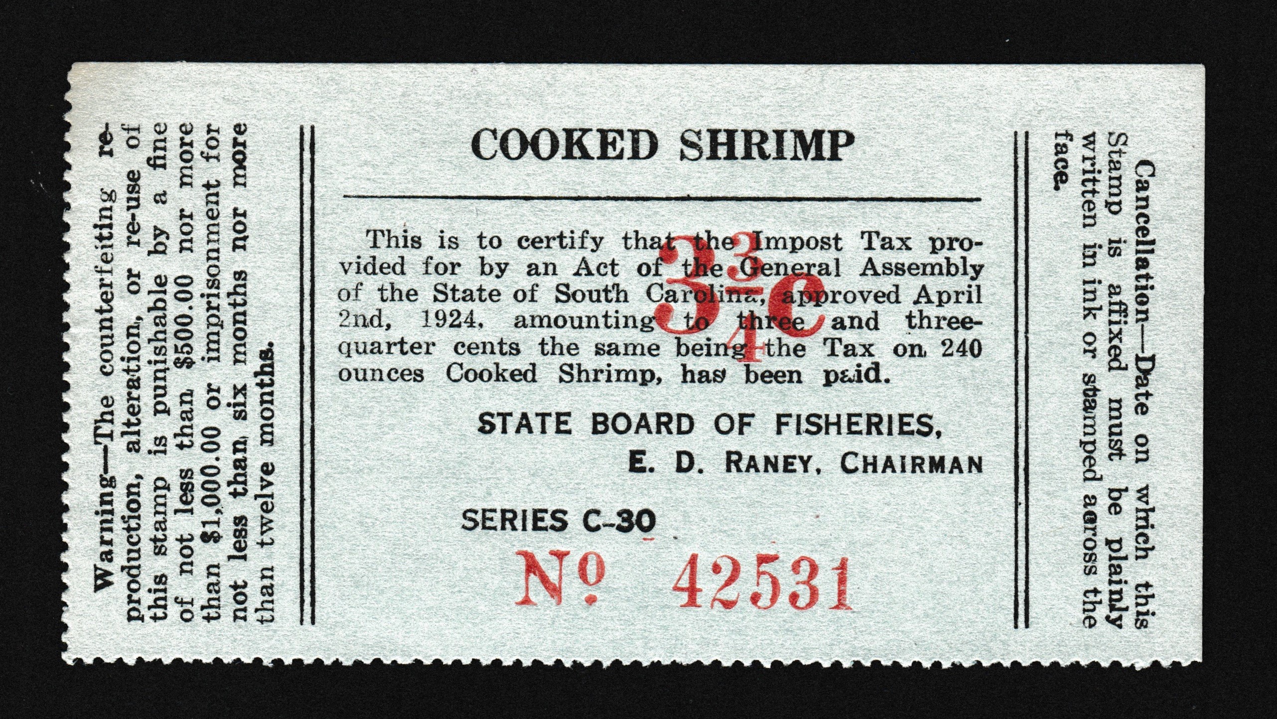 SC shrimp SH12 3-3/4c Unused VF P