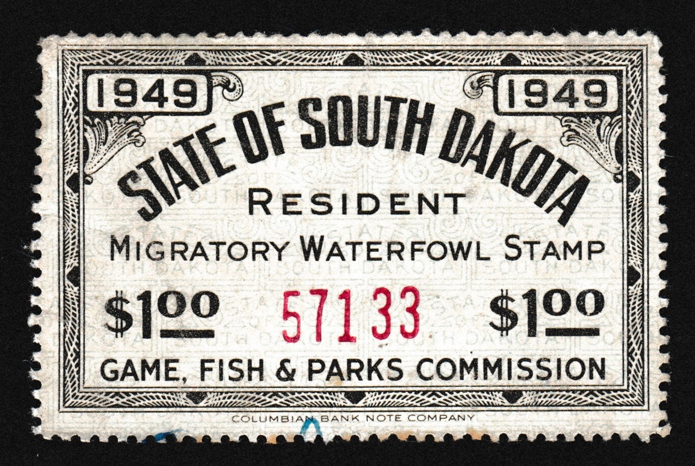 SD waterfowl W1a $1 U F-VF, 1949 horizontal safety paper, signature barely shows at bot. P