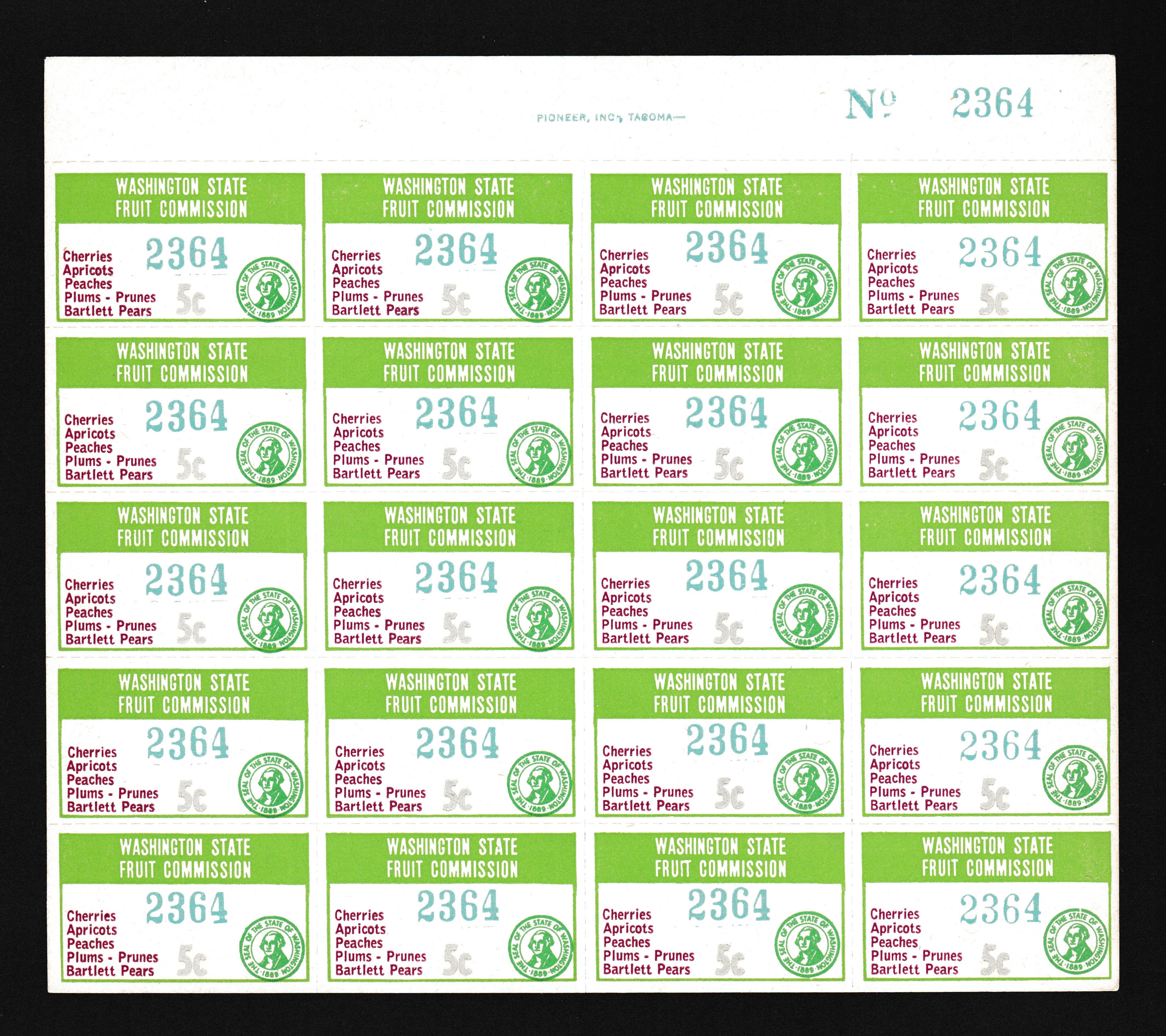 WA fruit FR9 5c MNH VF full pane of 20 w/position & top selvage & position19 variety WP