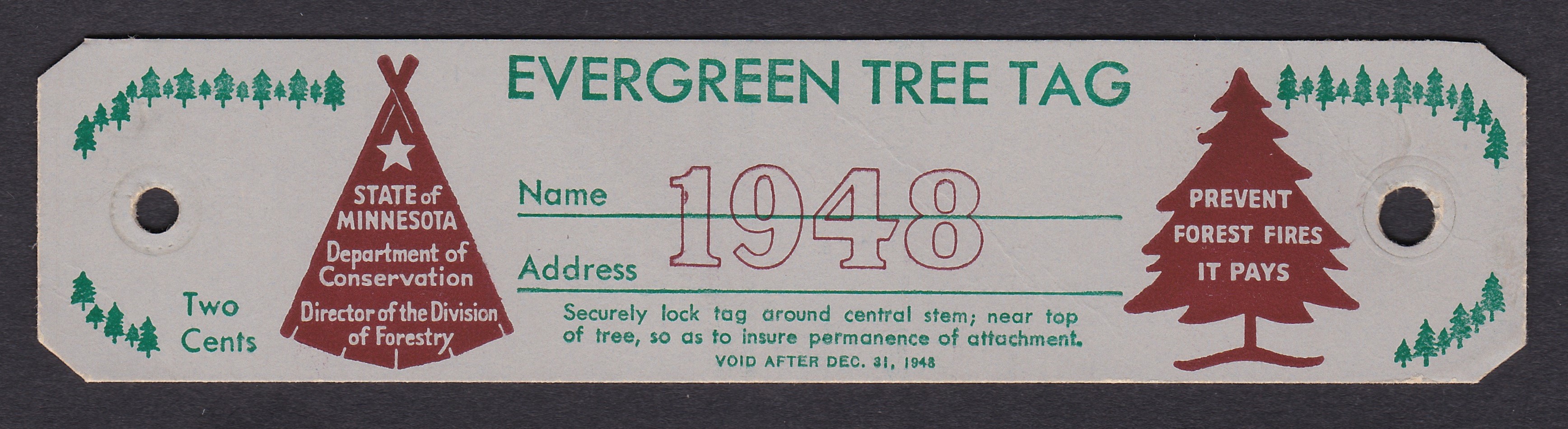 MN evergreen tree tag CT27 2c unused VF, 1948 P