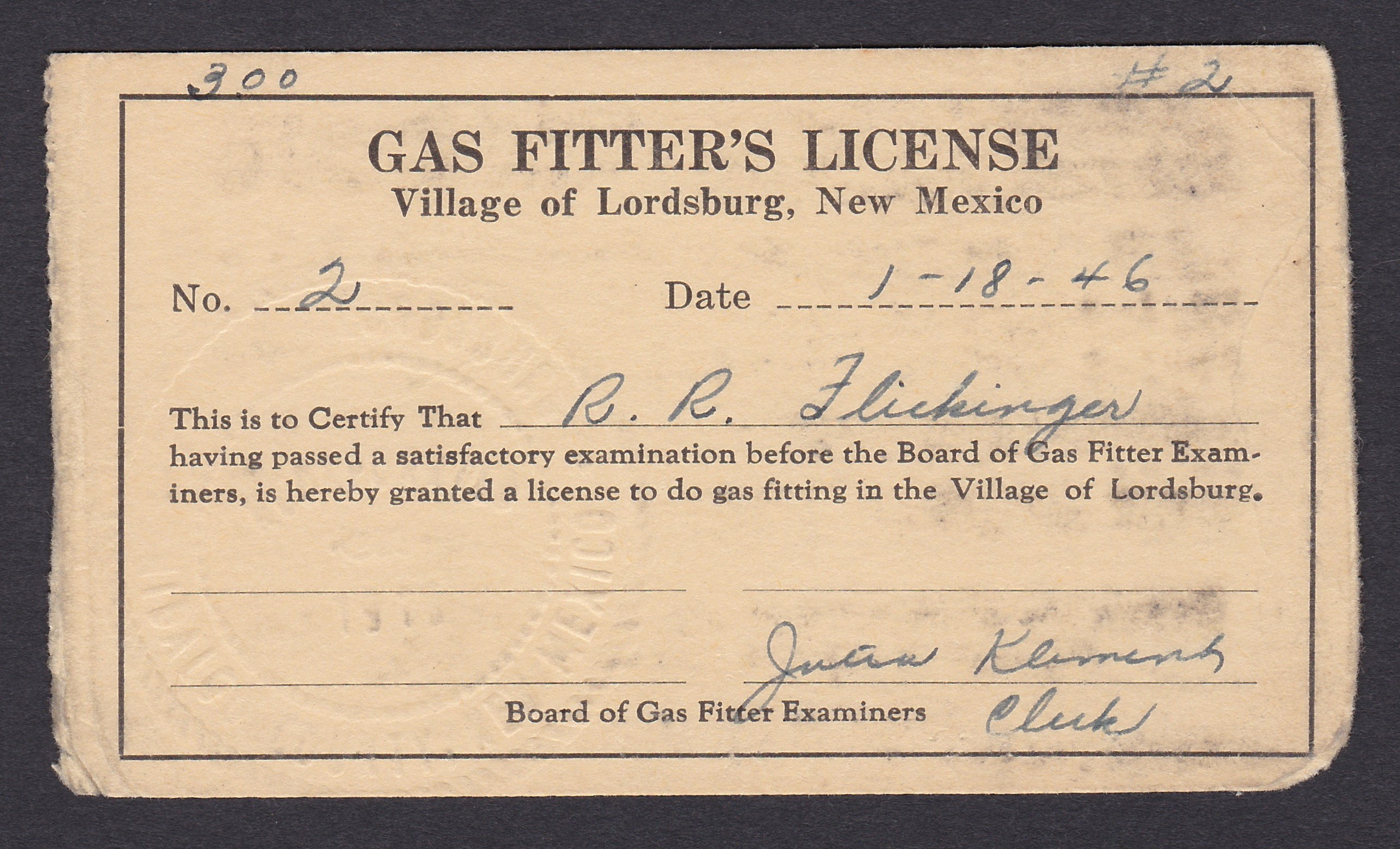 NM license 1946 Gas Fitter's License from Lordsburg NM U F-VF P