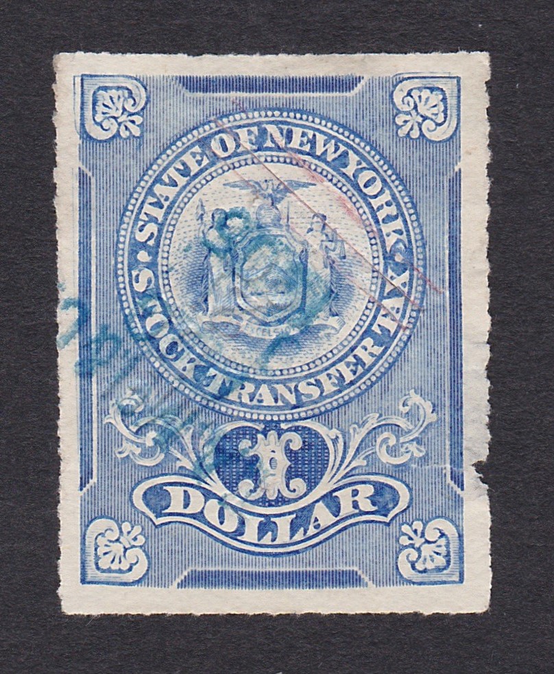 NY stock transfer ST5d $1 U VF, double transfer at top corners, cut cncl. thin P