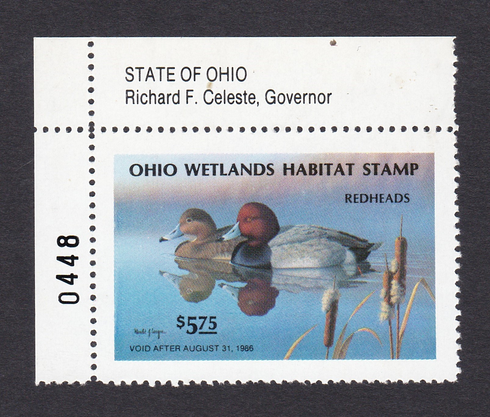OH waterfowl W4 $5.75 MNH VF 1985 Plate number corner single w/State of Ohio P