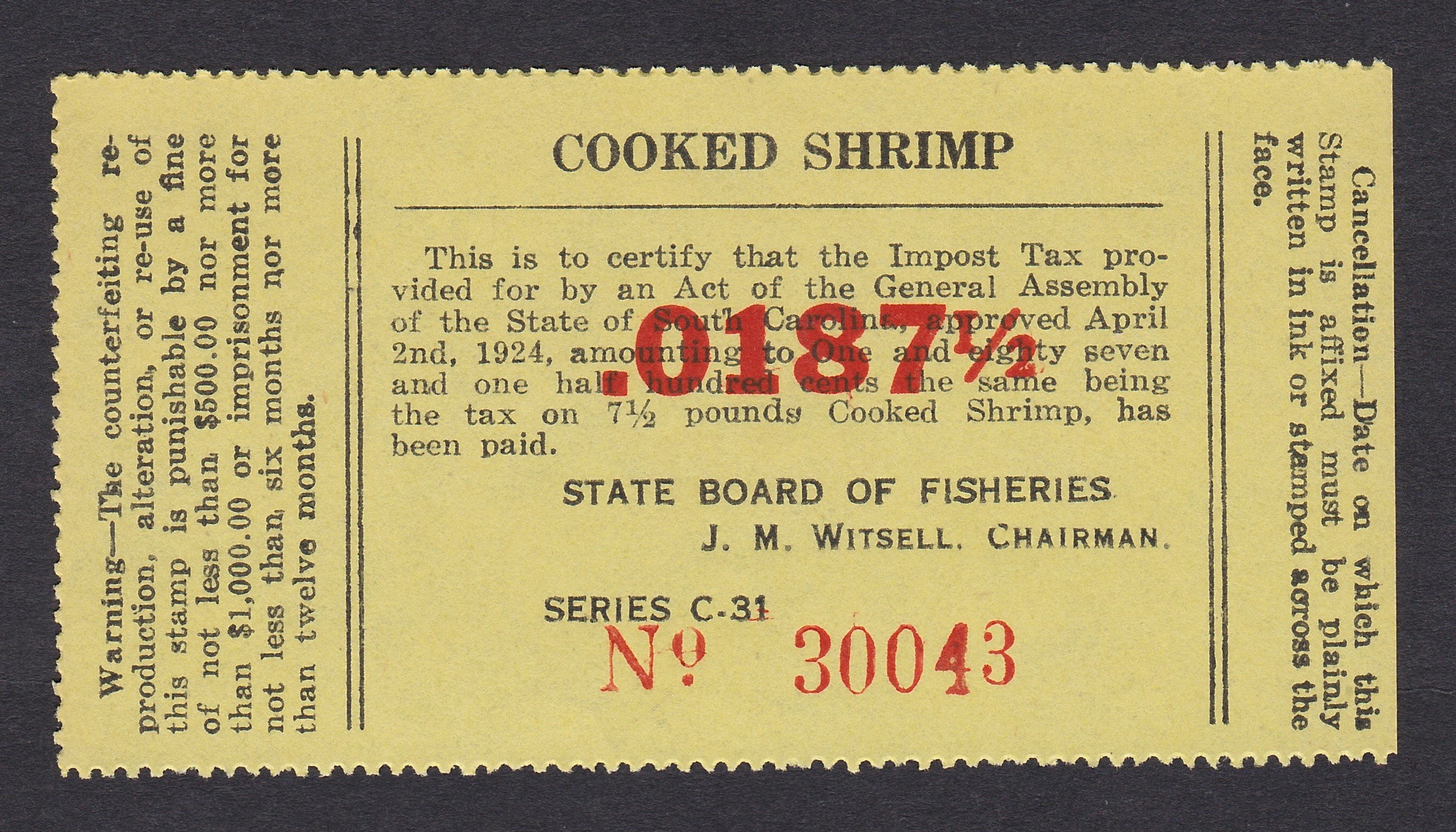SC shrimp SH15 .0187 1/2c Unused VF P