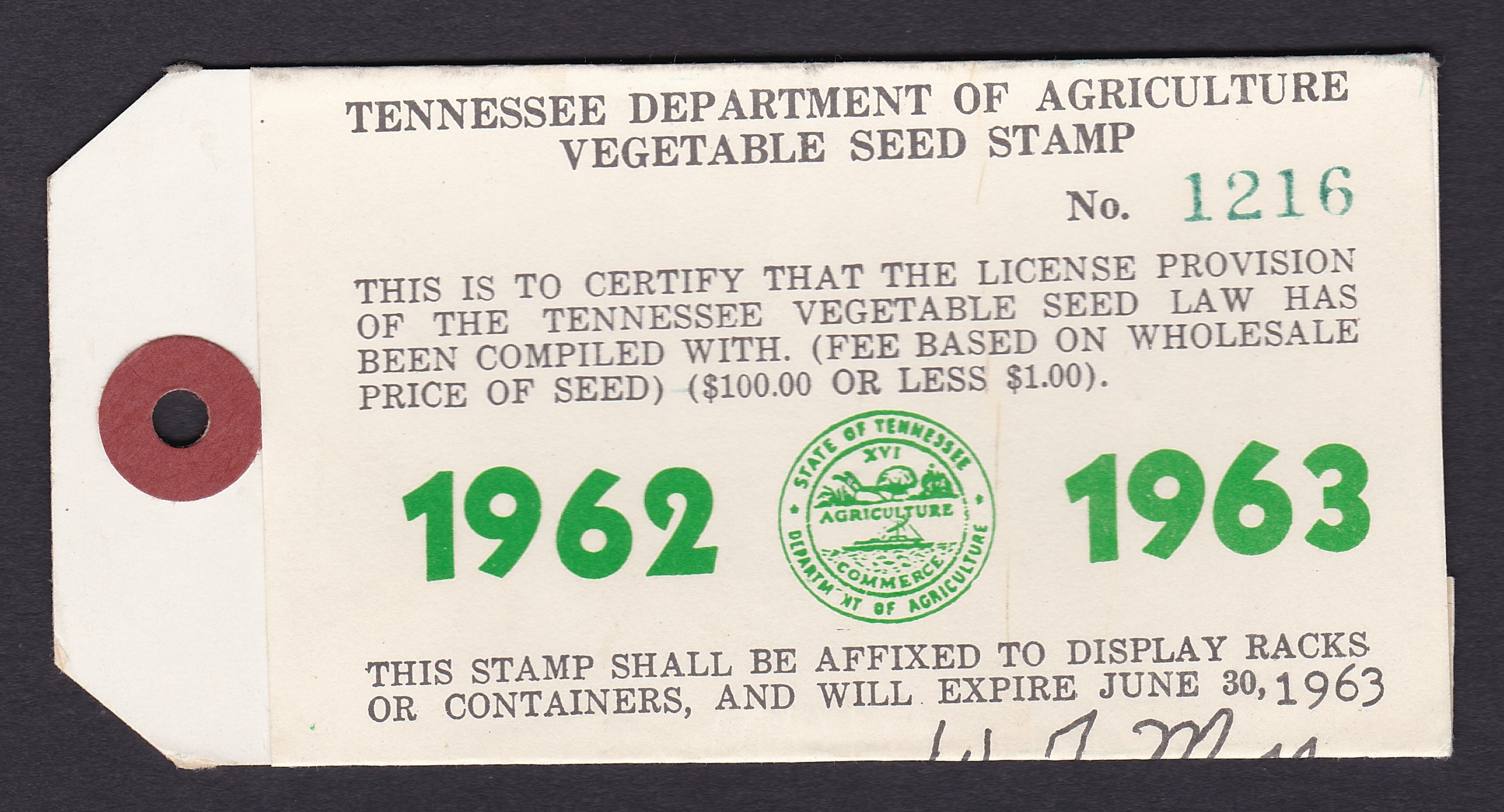 TN vegetable seed PS1 U VF, on tag, 1962-1963 P