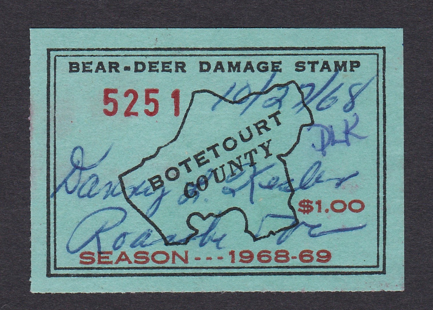 VA bear dear damage BT17 $1 U F-VF, 1968, Botetourt county P