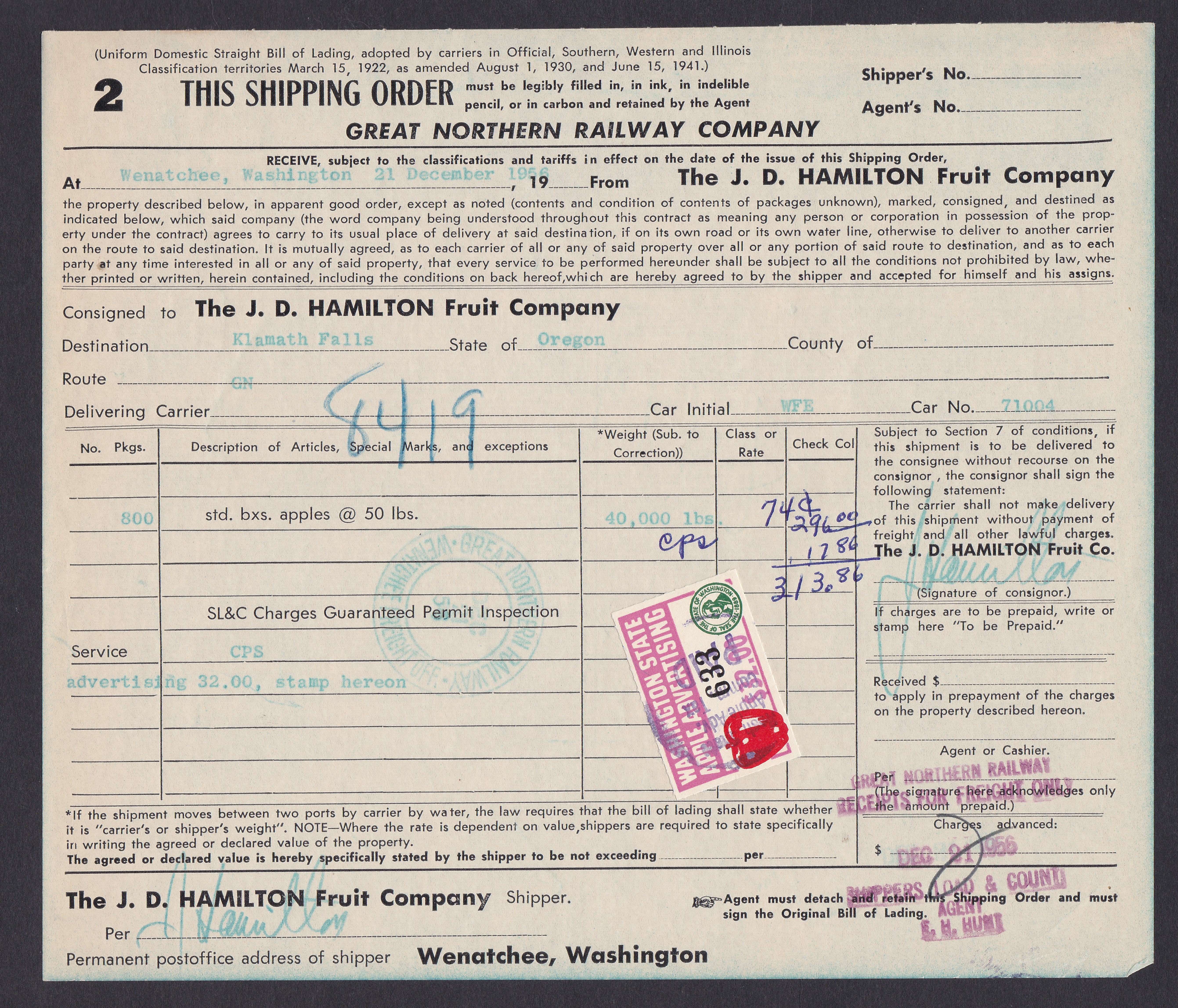 WA apple AP106 $32.00 U VF on 1956 Great Northern Railway shipping order WP 