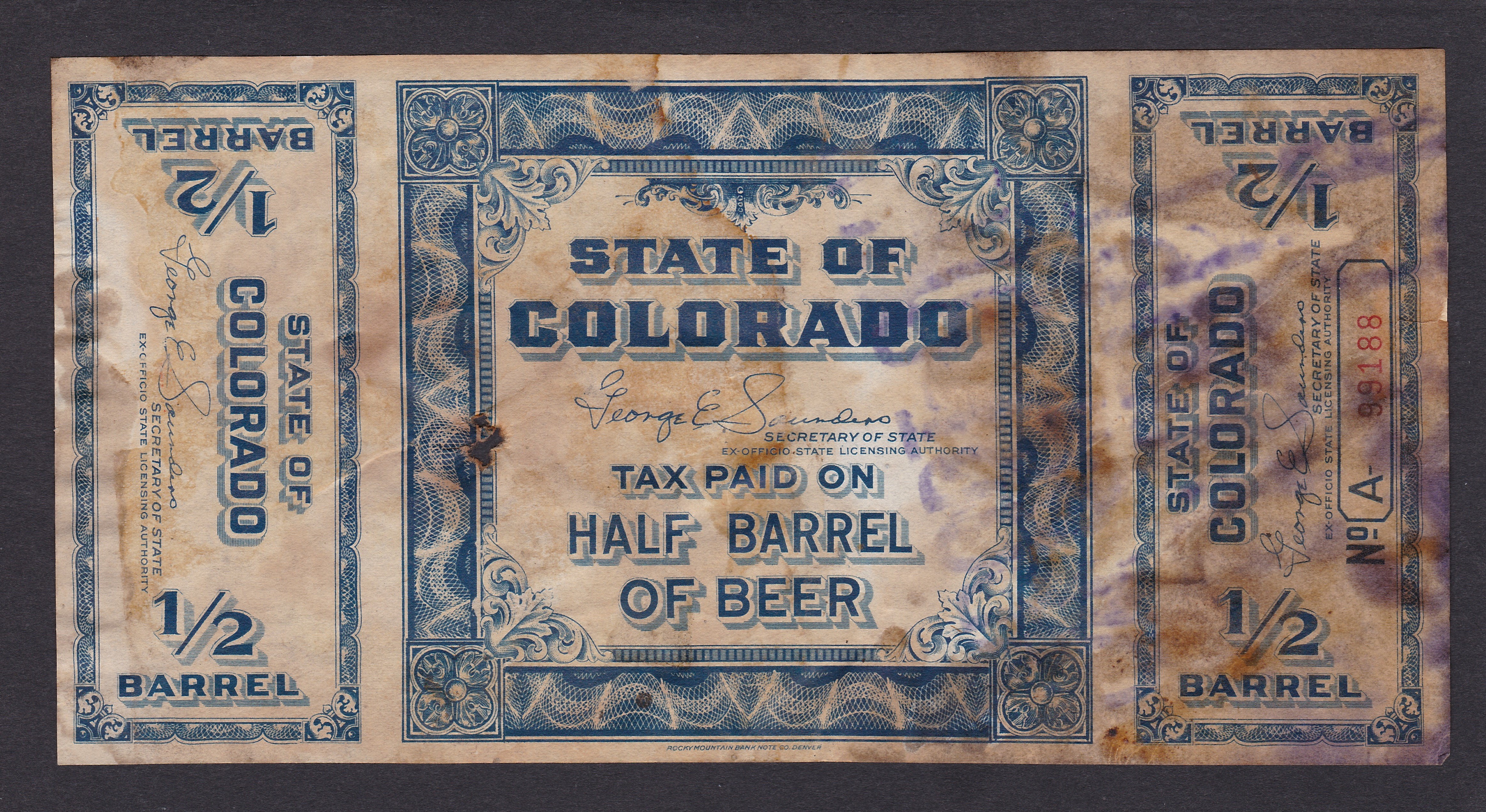 CO beer B28a 1/2bbl. U VF, heavy stains, sm hole, export stamp WP