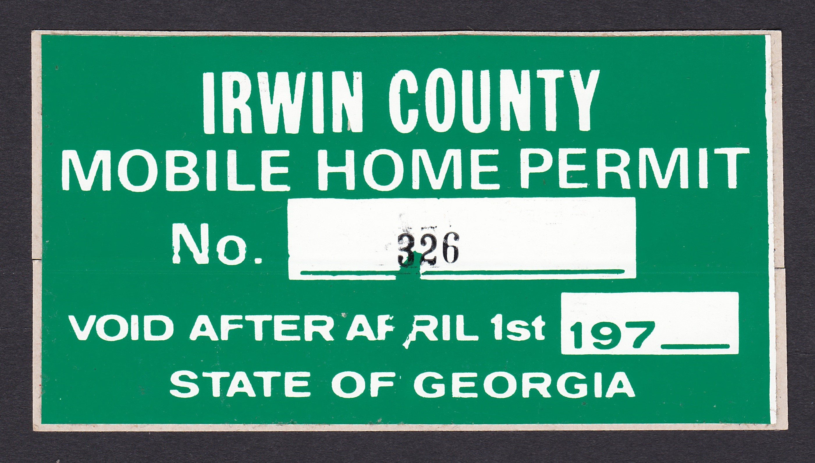 GA permit 197_ Irwin County Mobile Home permit MNH VF P