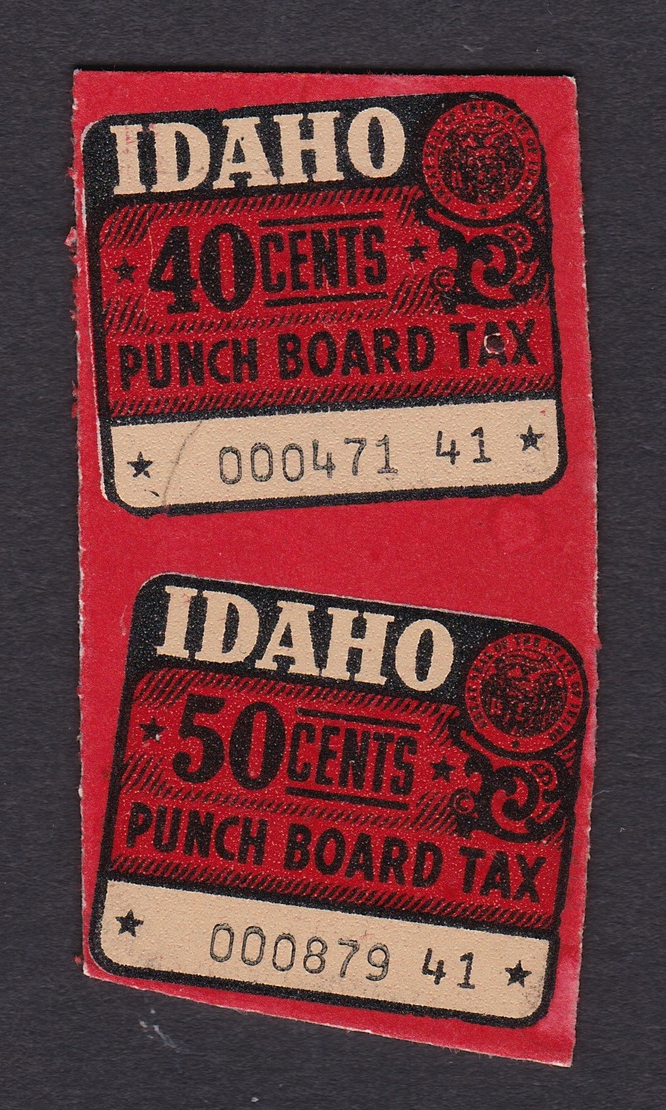 ID punch board PD4, PB5 40c, 50c U VF, both on same card P