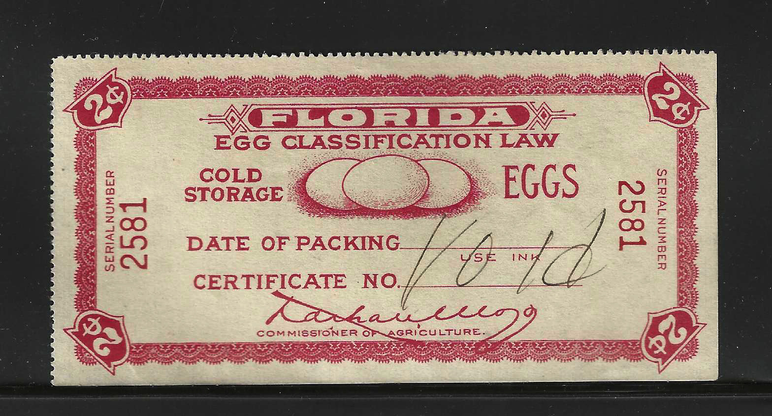 FL egg case E80S MLH VF, w/SE at R