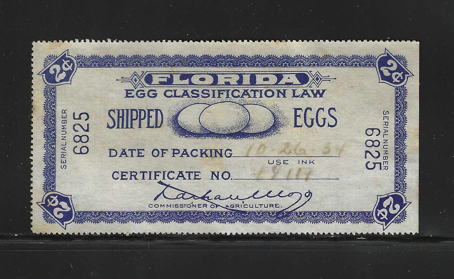 FL egg case E81 U VF, w/ SE at R