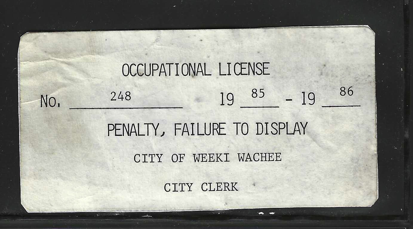 City of Weeki Wachee 1985-86 Occupational License U VF