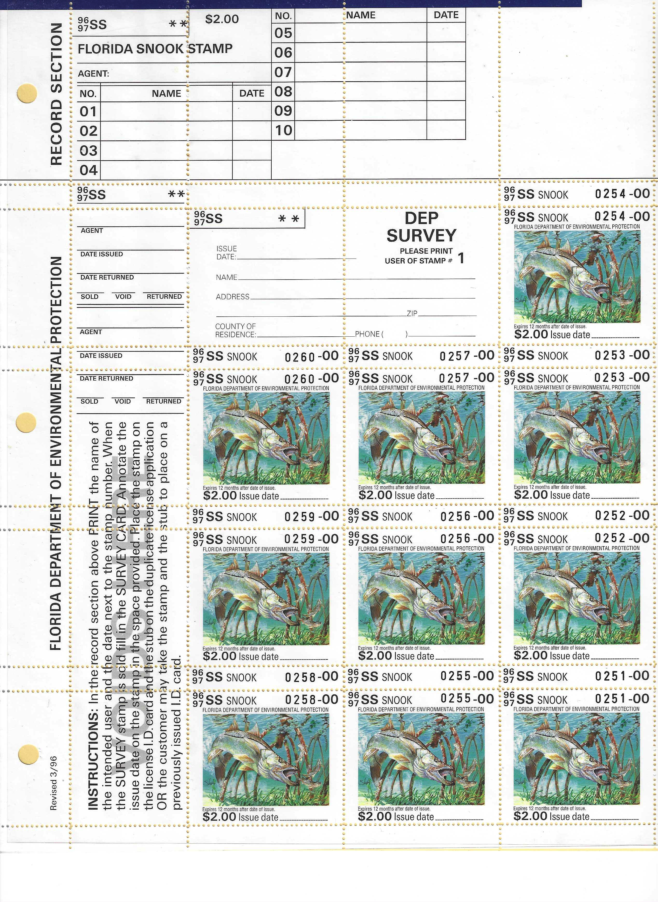 FL snook FL-SK8 1996 $2.00 MNH VF, complete sheet/10 w/ all tabs present