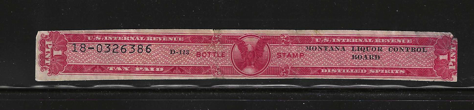MT liquor seal (on federal stamp) LSF9 1 pint U VF, w/ thins  & short corner