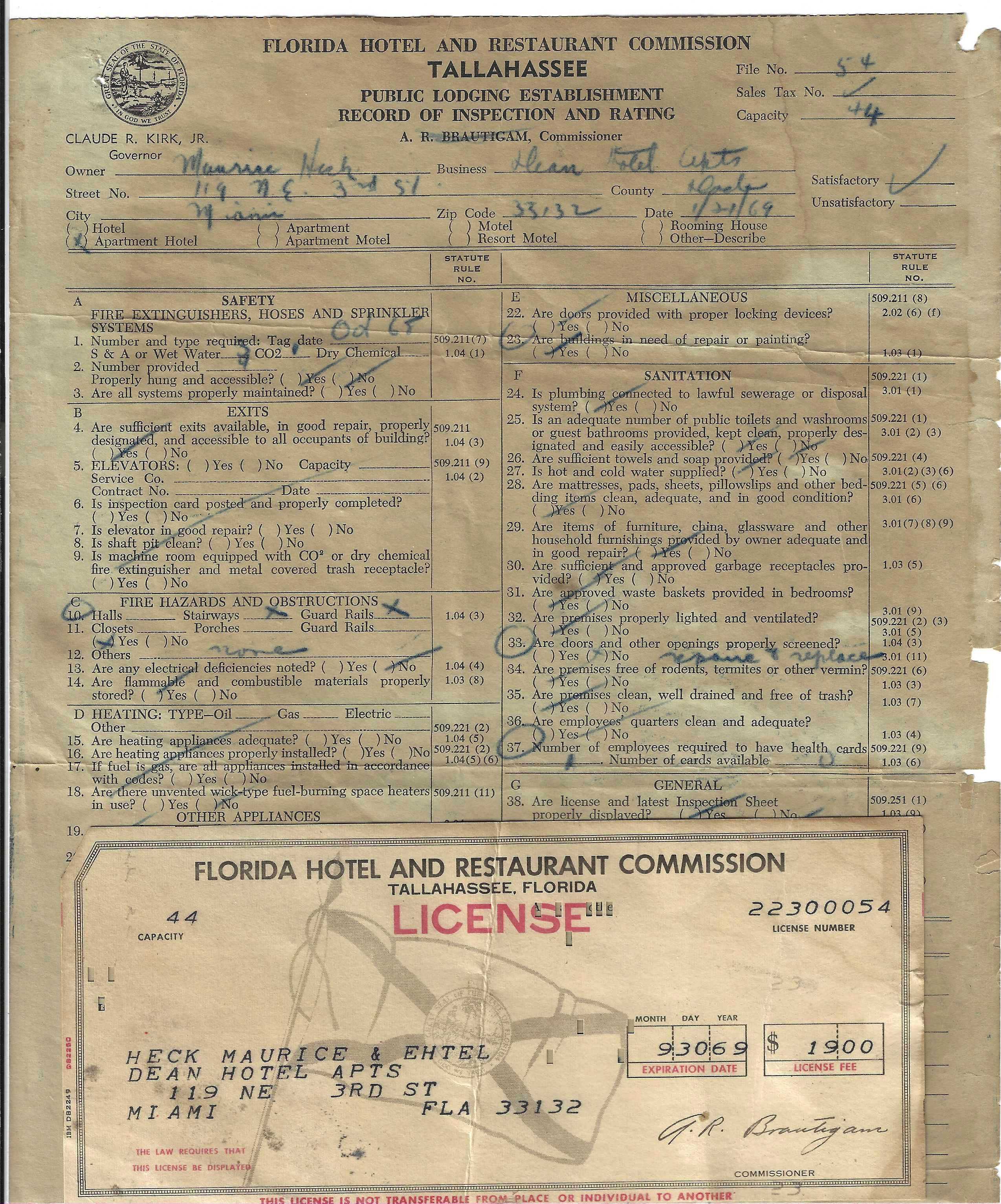 FL 1969 hotel license & inspection report U VG-F 