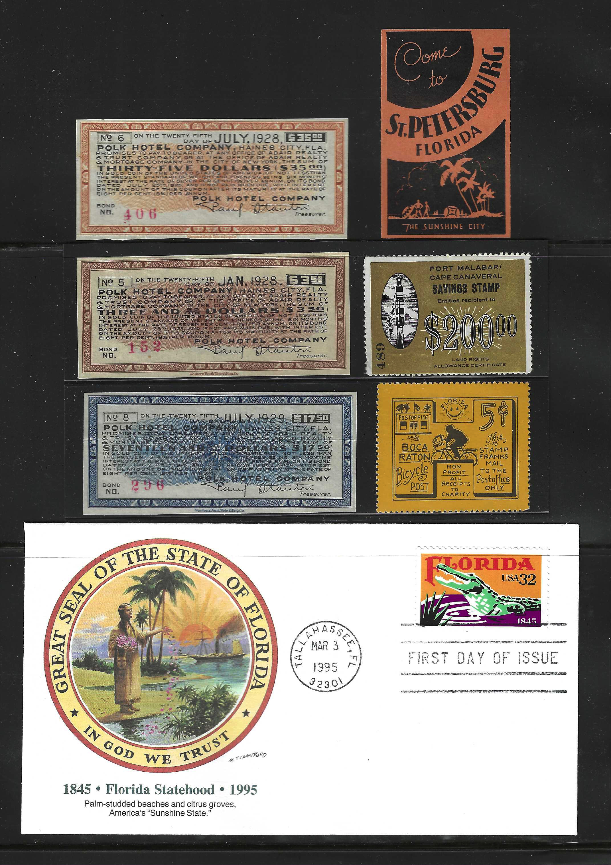 FL cinderellas, incl  hotel bond coupons, several ad stamps, Boca Raton local Post, 1995 Florida stamp FDC