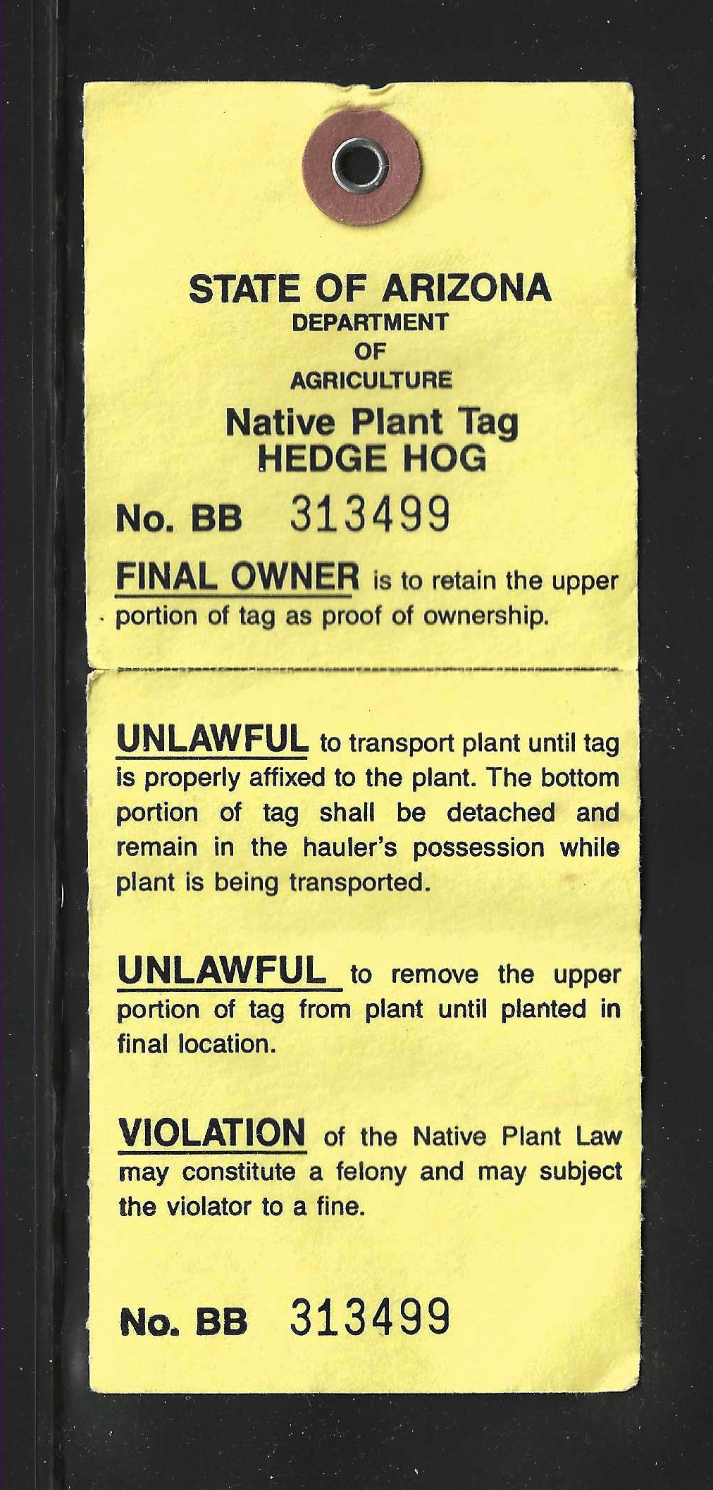 AZ native plant tag NPT14 hedge hog U VF